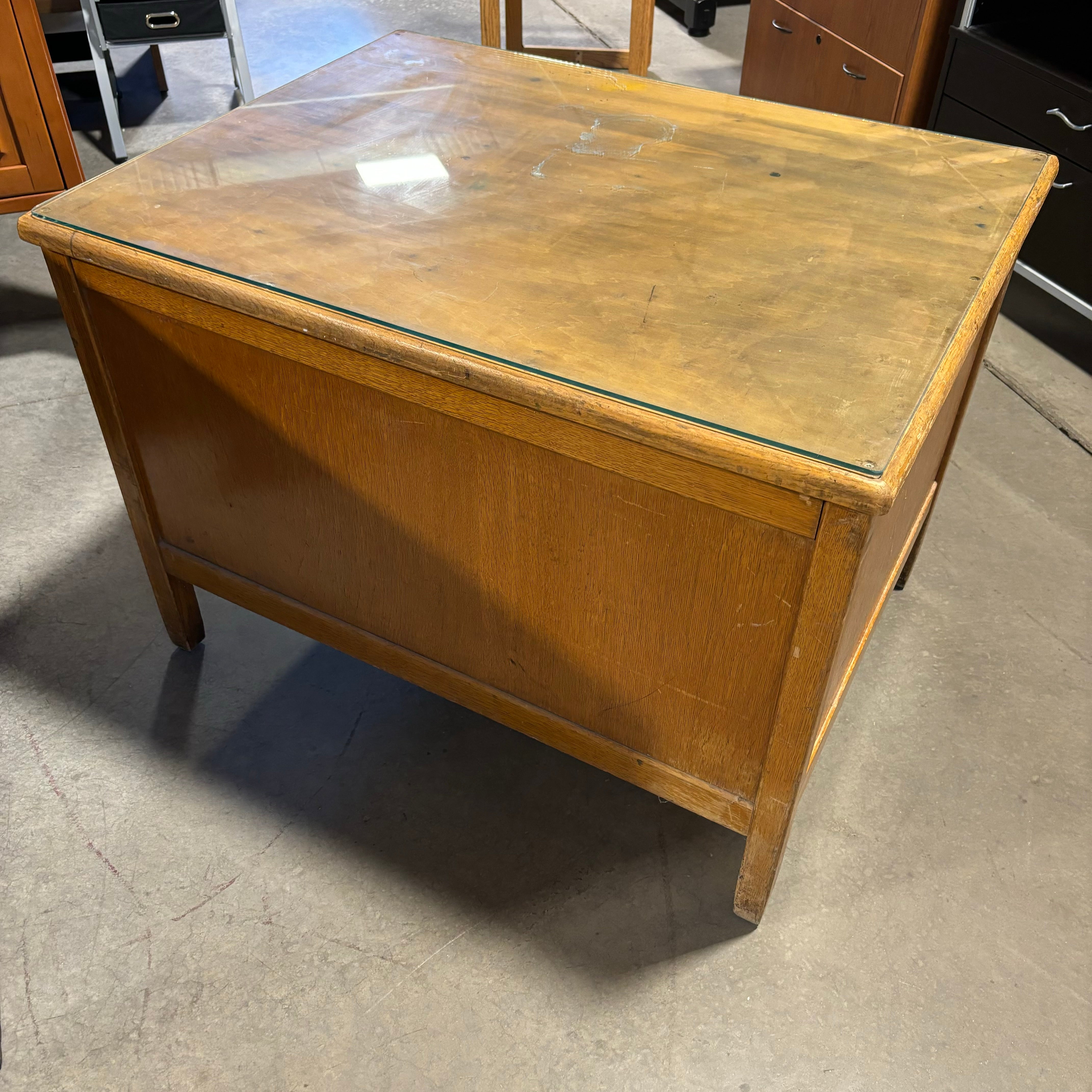 Antique Solid Tiger Oak 4 Drawer with Glass Top Desk 42”x 31”x 31”