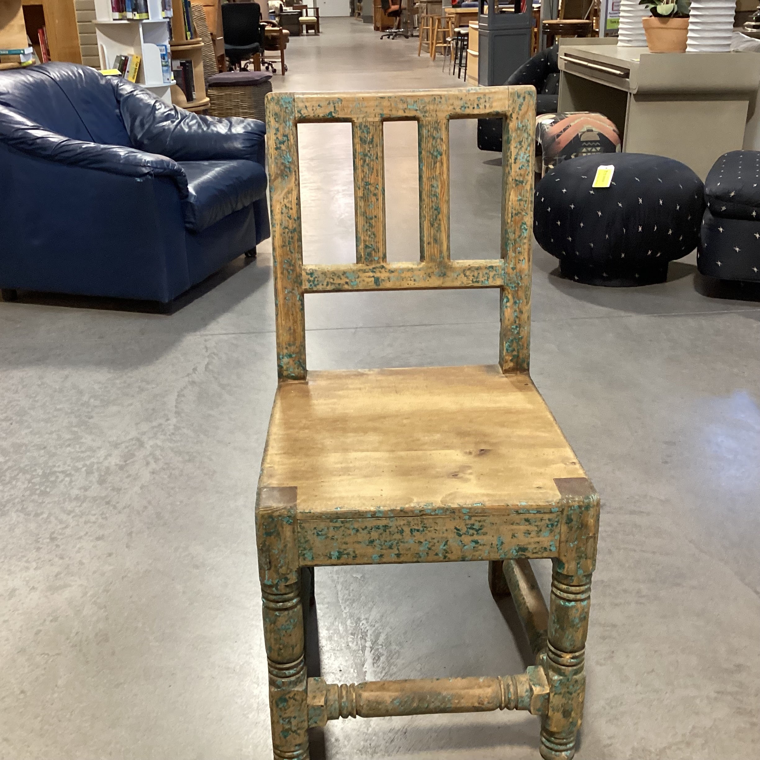 Santa Fe Style Carved Wood with Teal Distressing Chair 18"x 21"x 37"