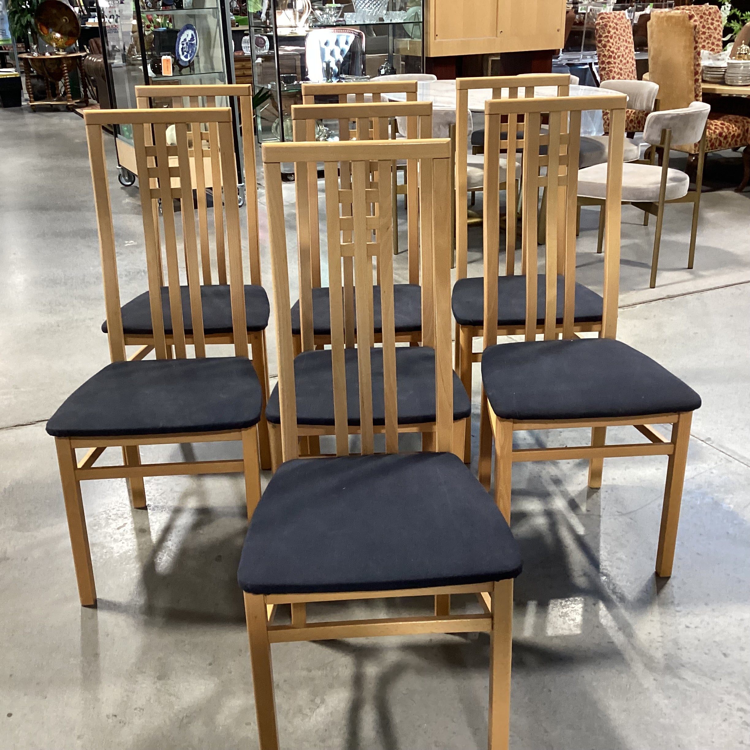 SET of 7 IMS SRL Italian Mid Century Style Teak with Black Seat Dining Chairs 18"x 20"x 42"