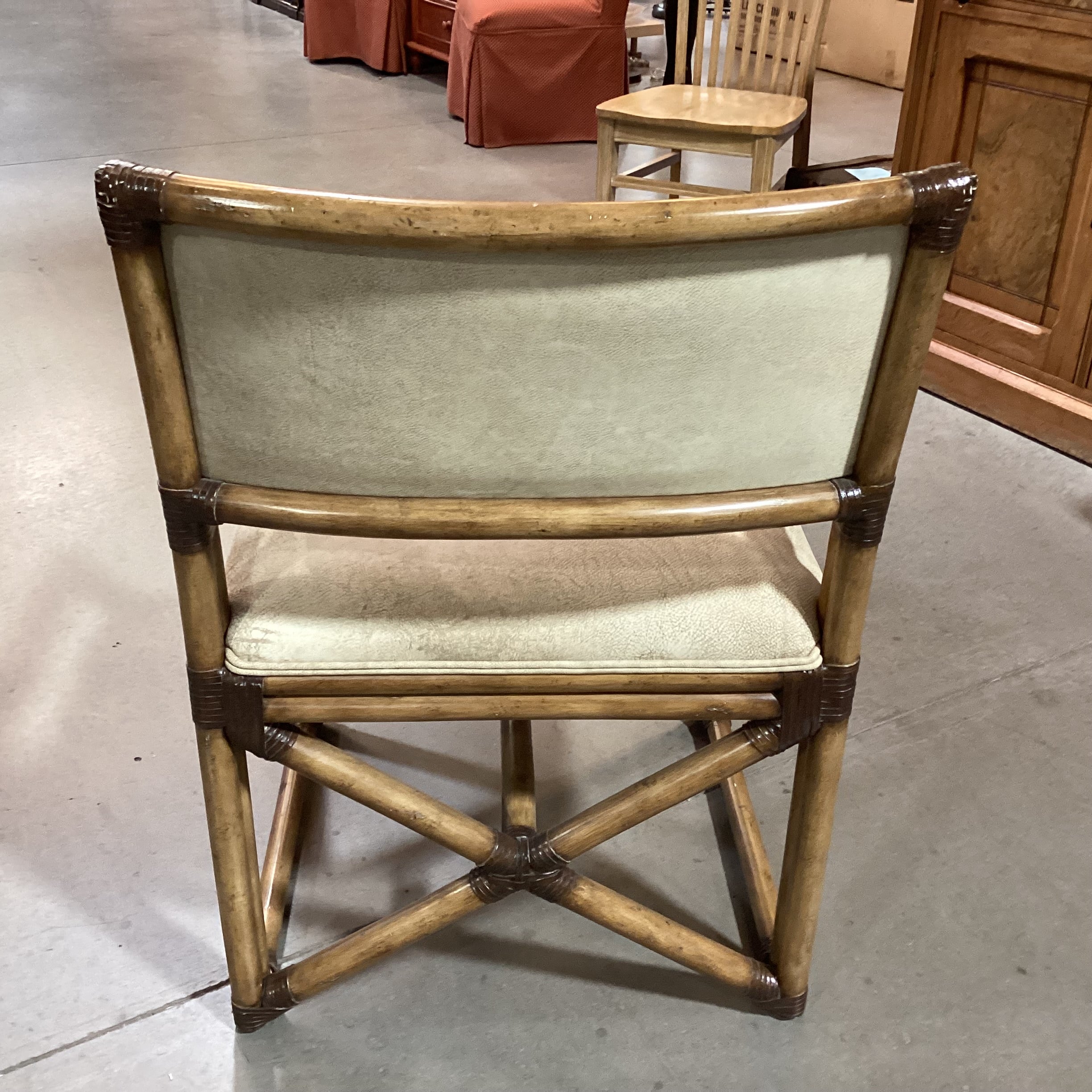 Vintage Bamboo Leather Strap Wrapped & Texture Tan Leather Accent Chair 24"x 24"x 35"