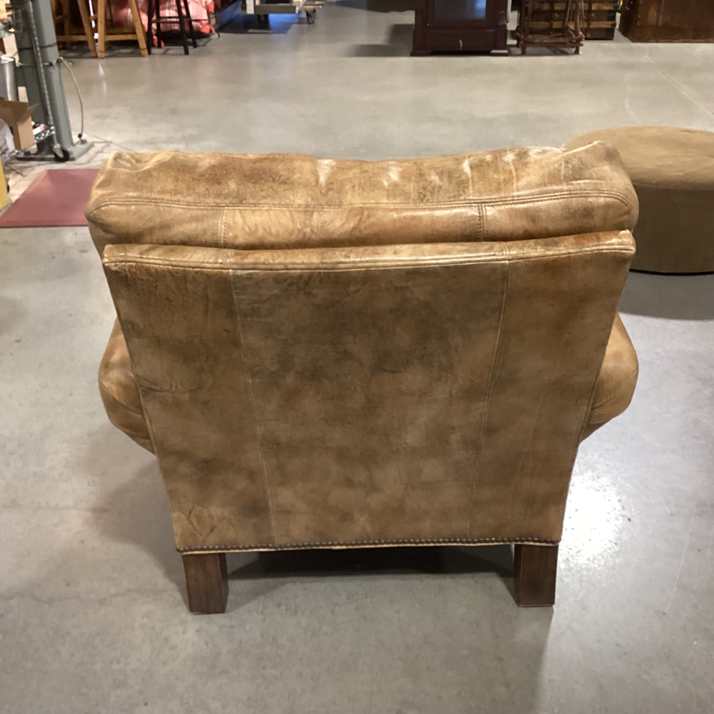 Stanford Furniture Distressed Golden Brown Leather Nailhead & Carved Feet Chair 37"x 36"x 32"