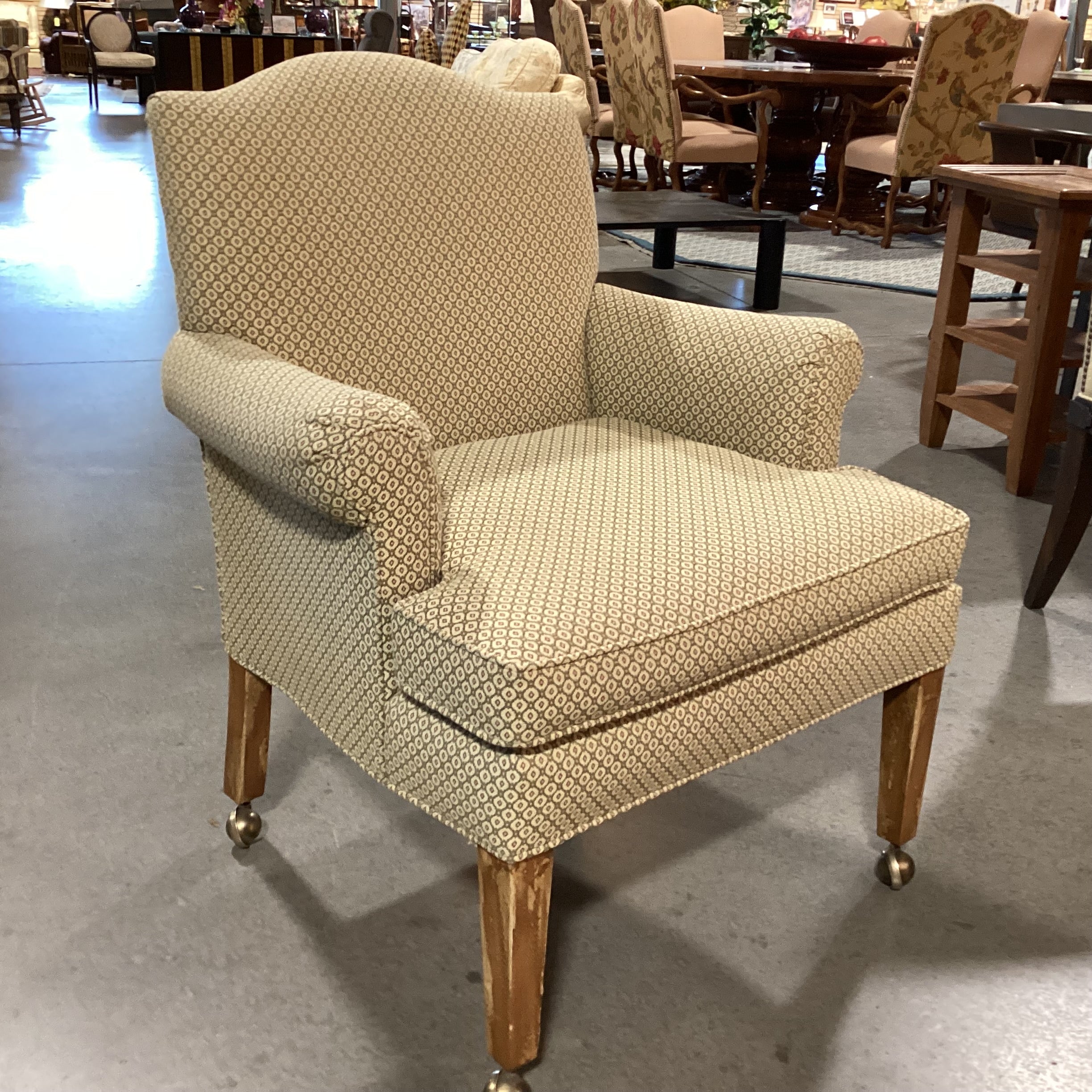 Dindy Foster Interiors Cream & Sage Pattern on Casters Accent Chair 31"x 28"x 36.5"