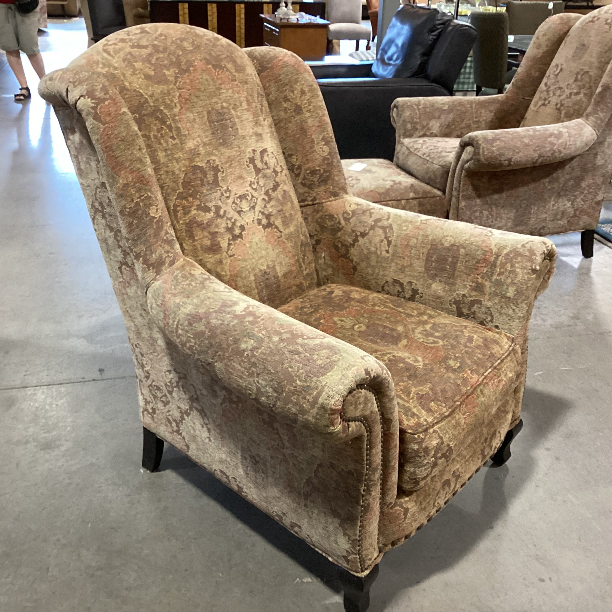 Arhaus Brown & Sage Chenille Woven with Nailhead Wing Chair 38"x 38"x 44"
