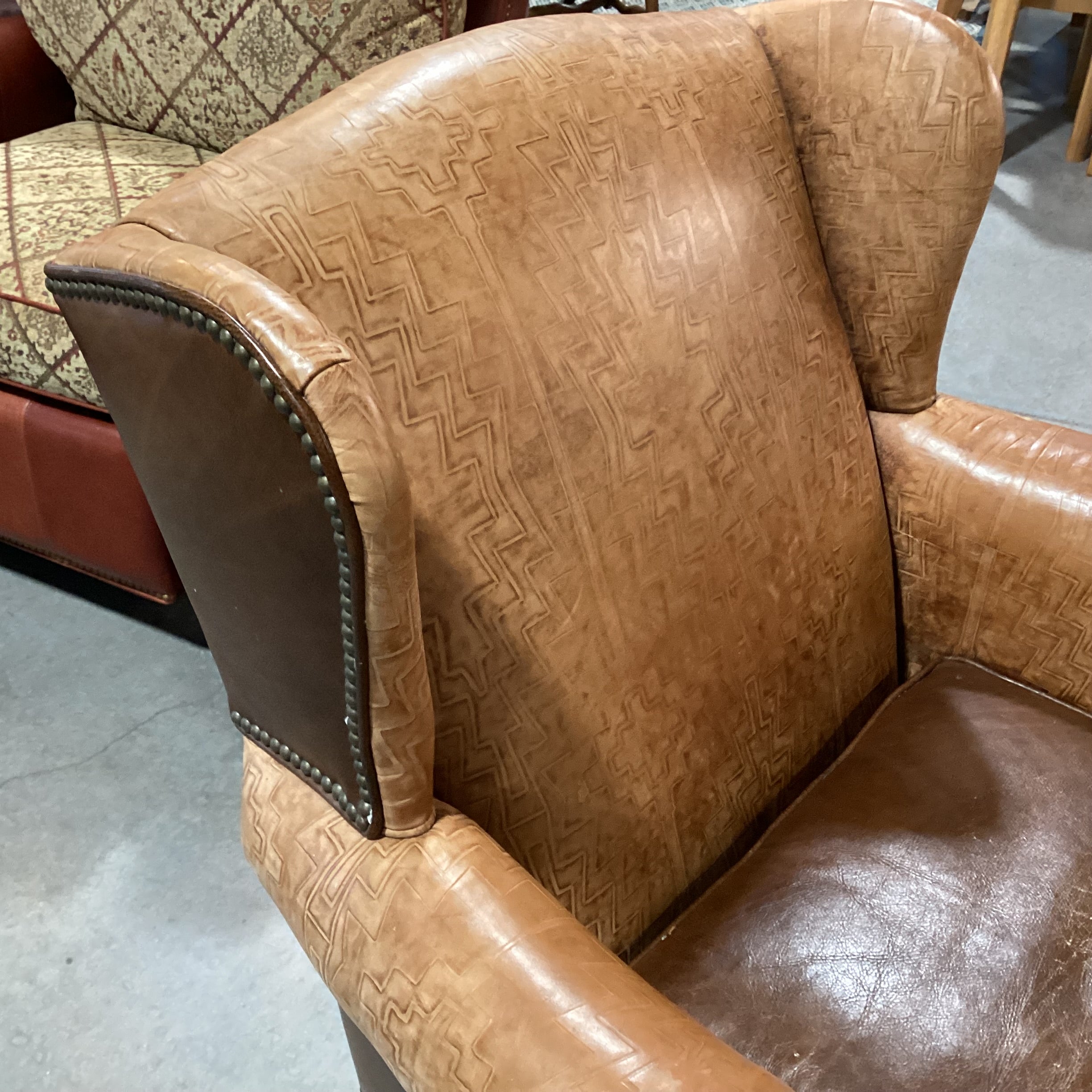 Old Hickory Tannery 2 Tone & Embossed Leather Nailhead Ornate Carved Wood with Ottoman Chair 38"x 36"x 37.5"