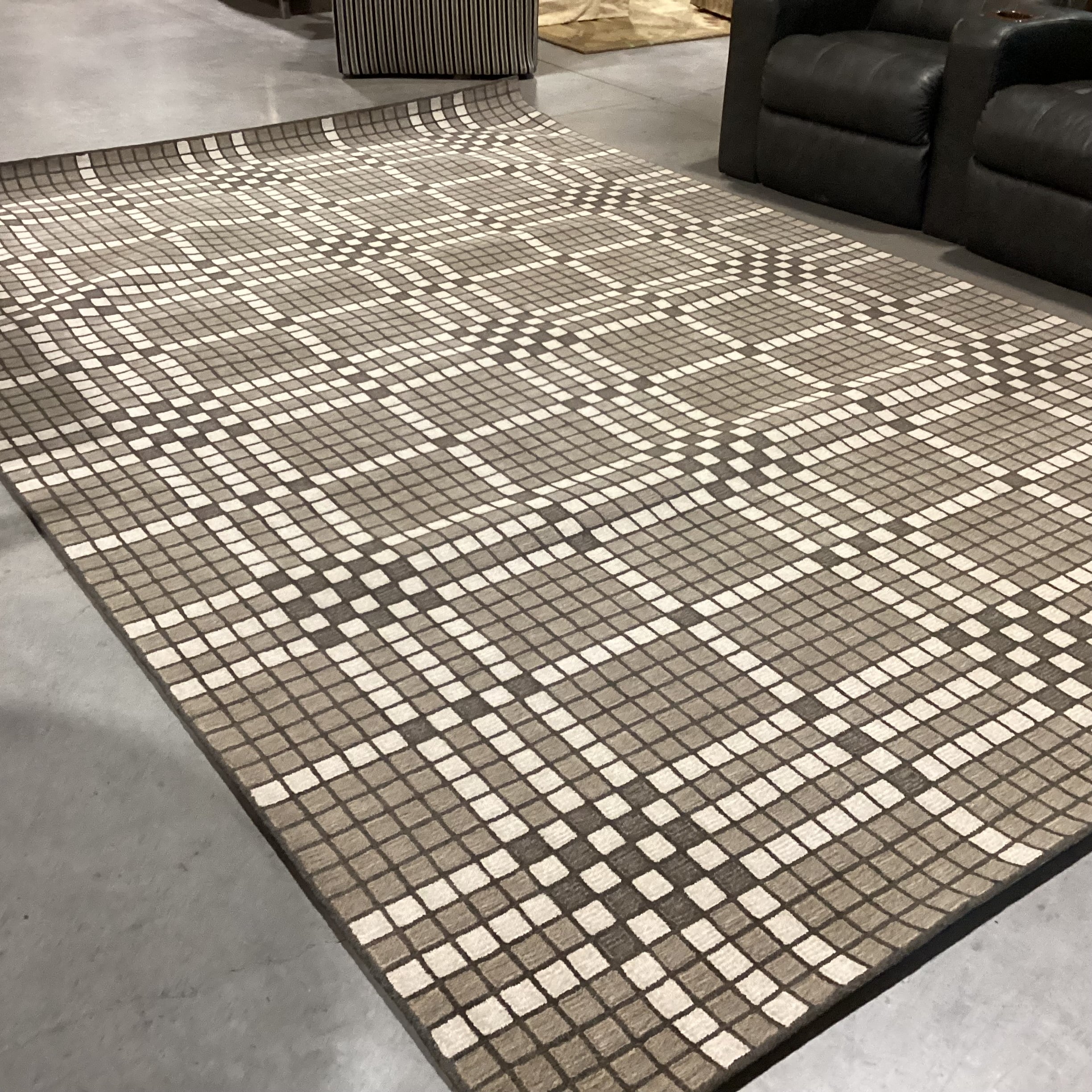 Custom Made Beige Taupe Brown Square Design Looped Wool Heat Sealed & Border Backing Rug 8' 7"x 12' 10"