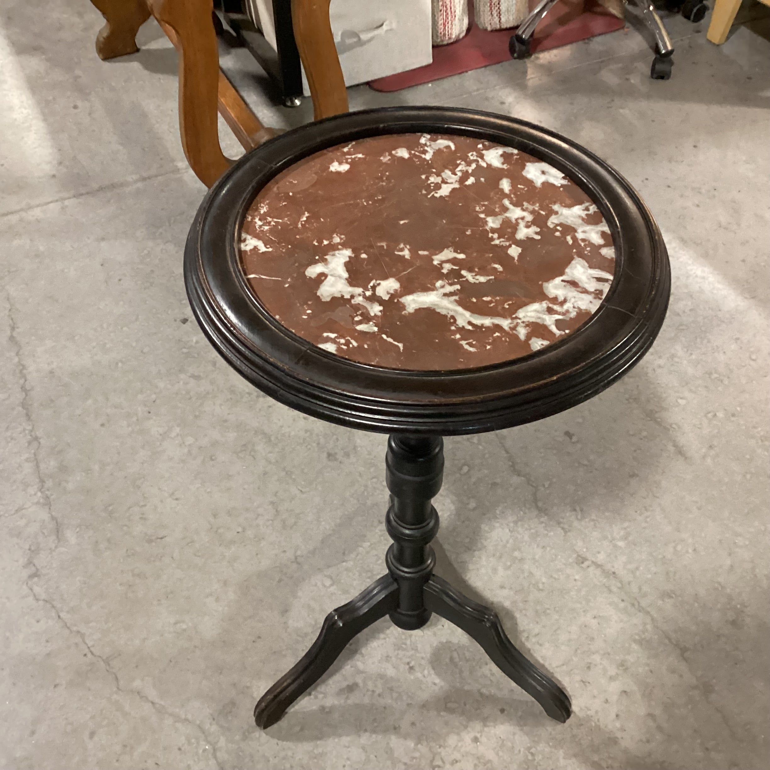Antique Carved Wood Pedestal & Marble Round Accent Table 17" Diameter x 30.5"