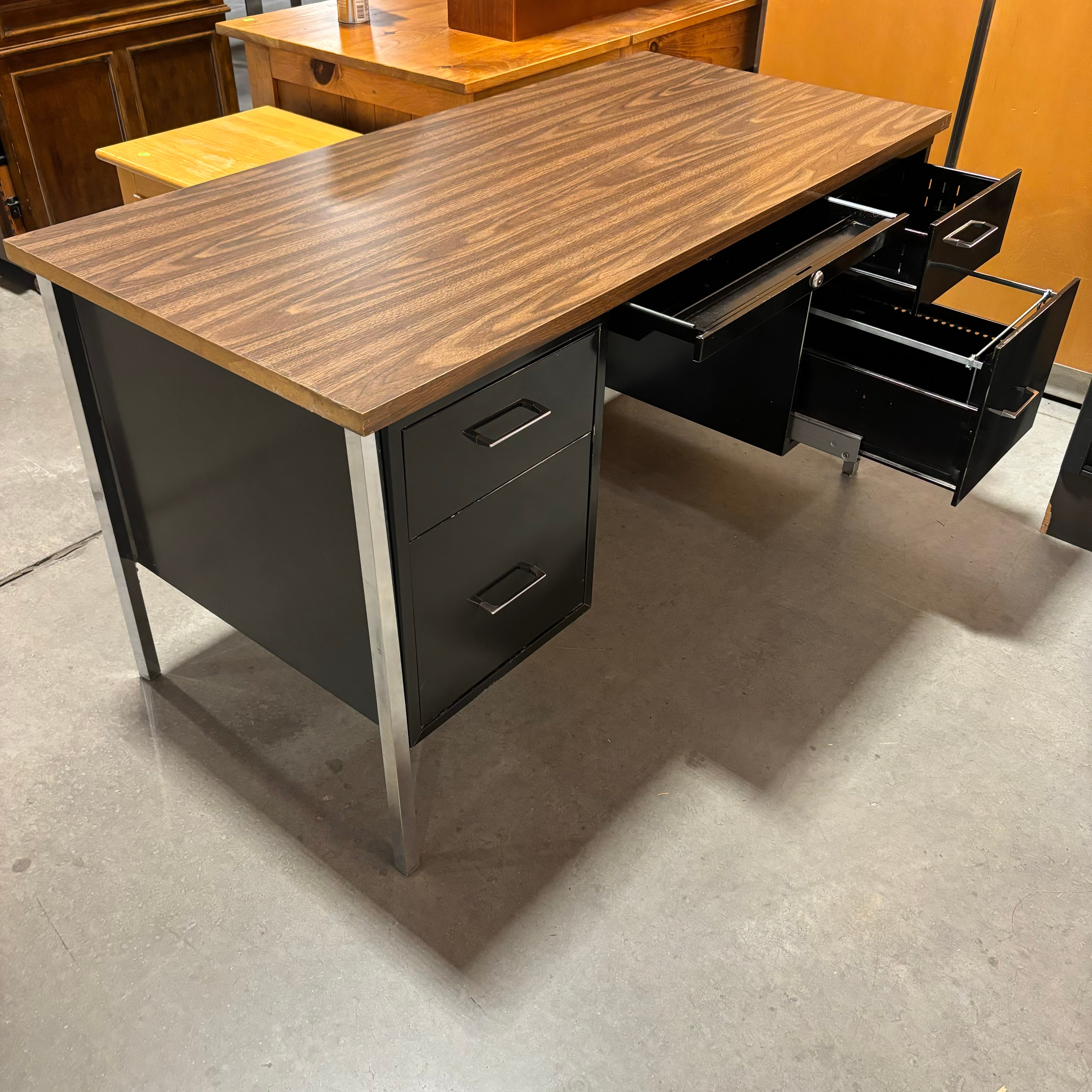 Dark Wood Veneer & Black Steel Base 4 Drawer with Center Pullout Desk 55"x 26"x 29"