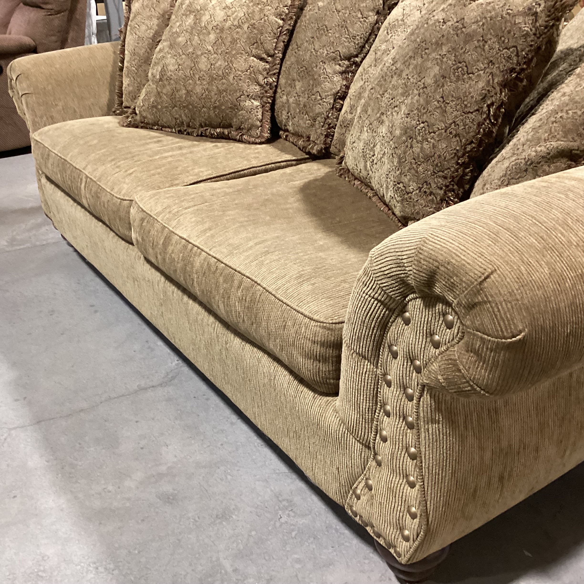 Olive Texture Ribbed & Nailhead with Reverse Multi Back Pillows Sofa 98"x 40"x 30"