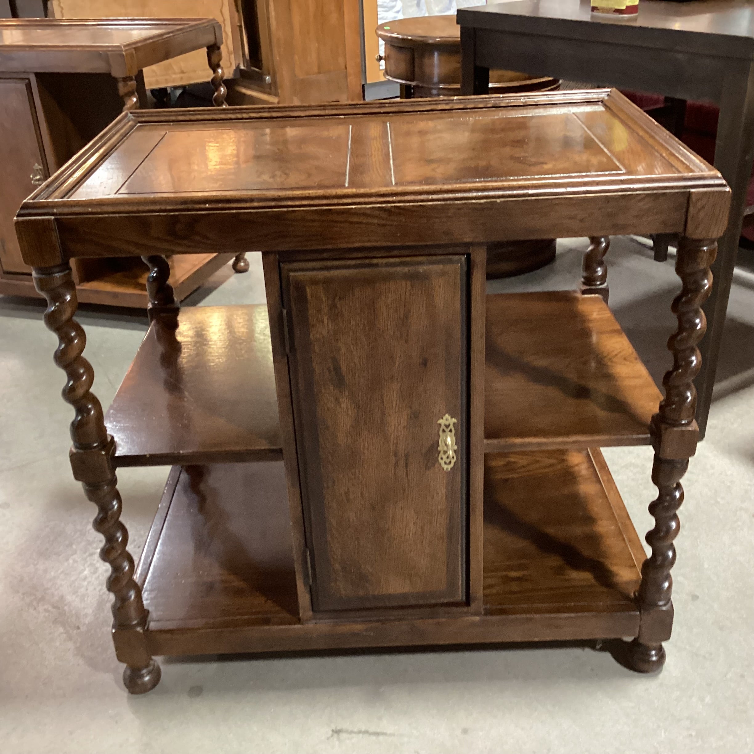 Vintage Barley Twist & Veneer 3 Tiered with Door & Shelves End Table 28"x 18"x 26.5"