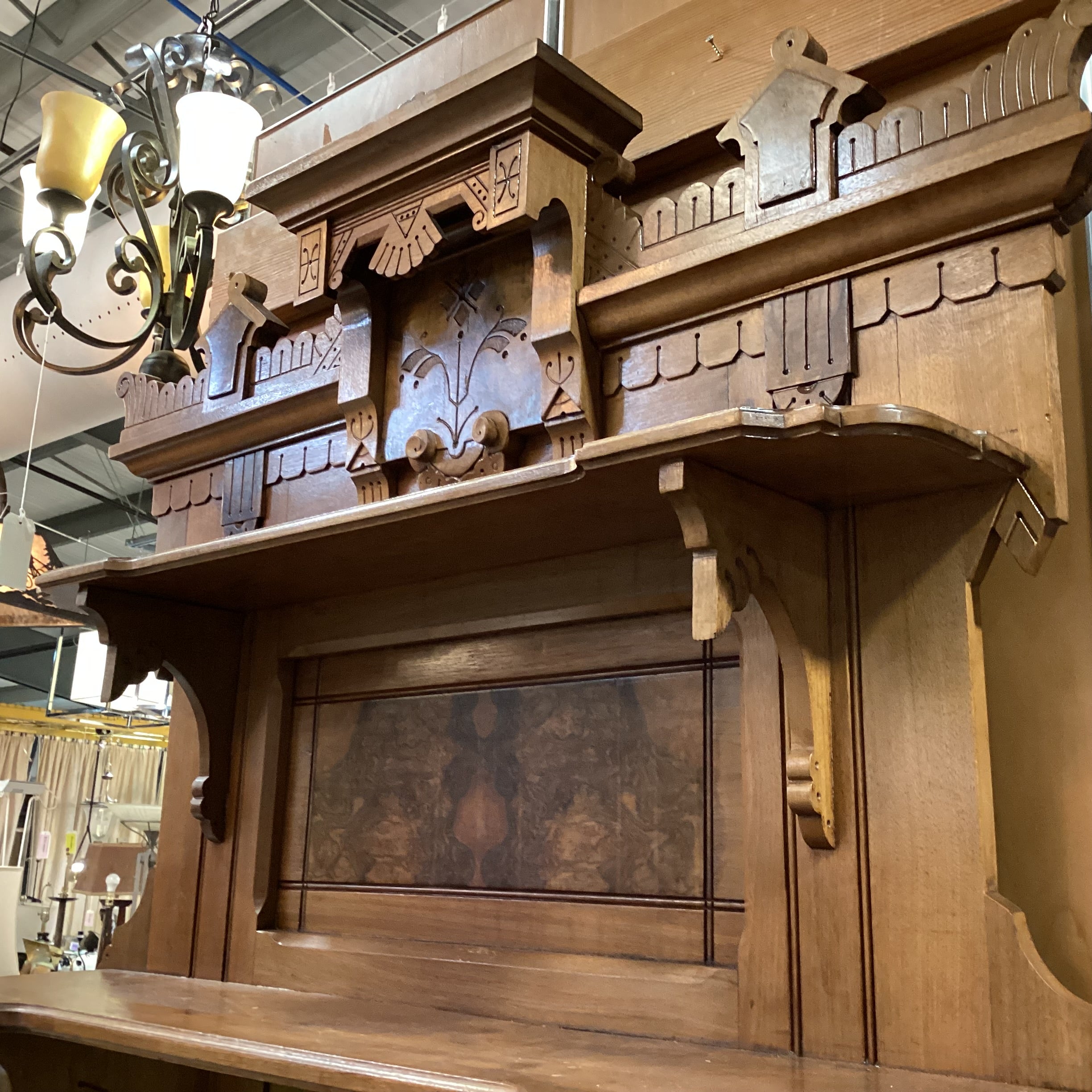 Antique Eastlake Style Carved Wood & Burl Veneer Marble Top with Mirror & Shelves 2 Piece Sideboard 46"x 19"x 85"