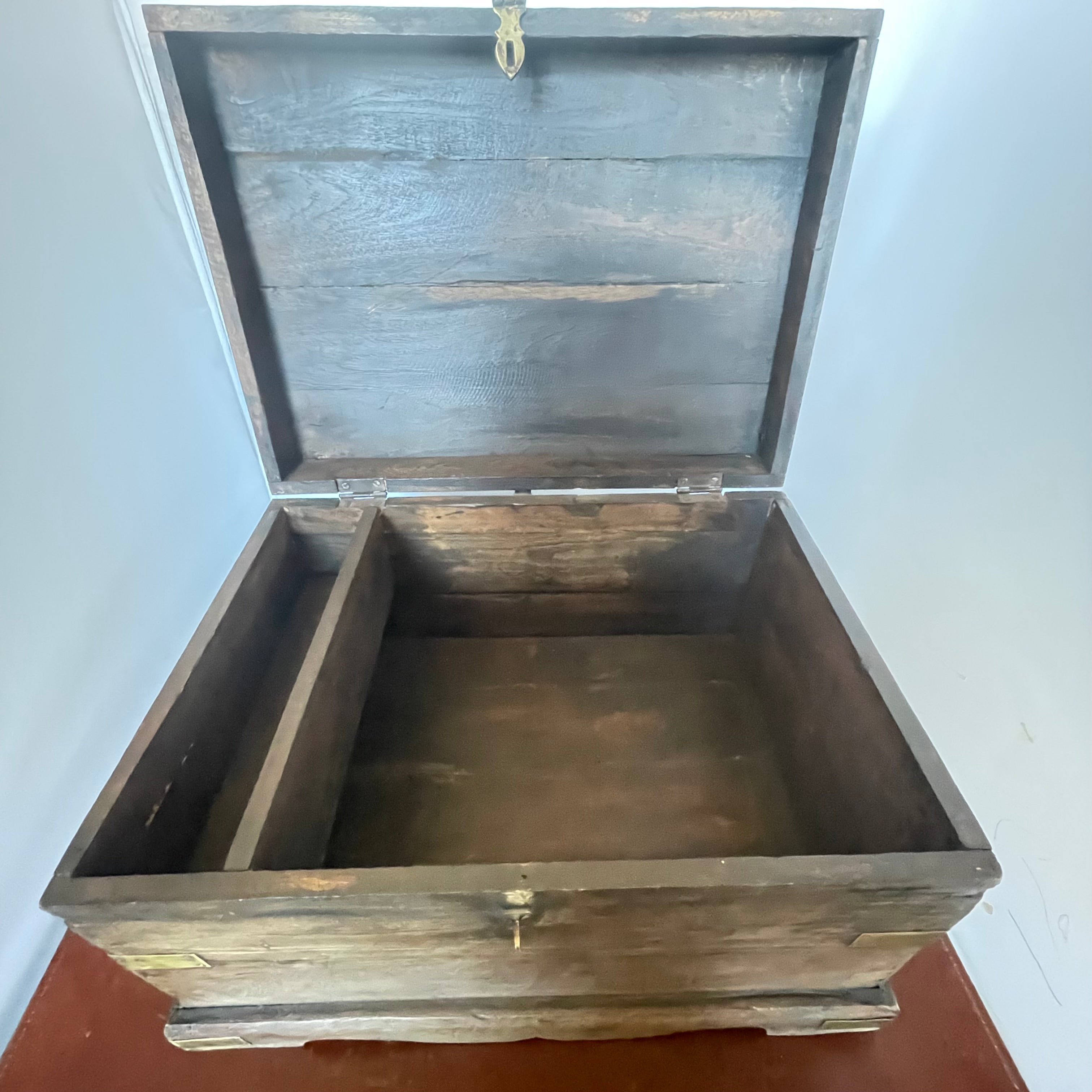 Antique Handcrafted Wood with Brass Hardware Campaign Chest, 16"x 11.25"x 10"