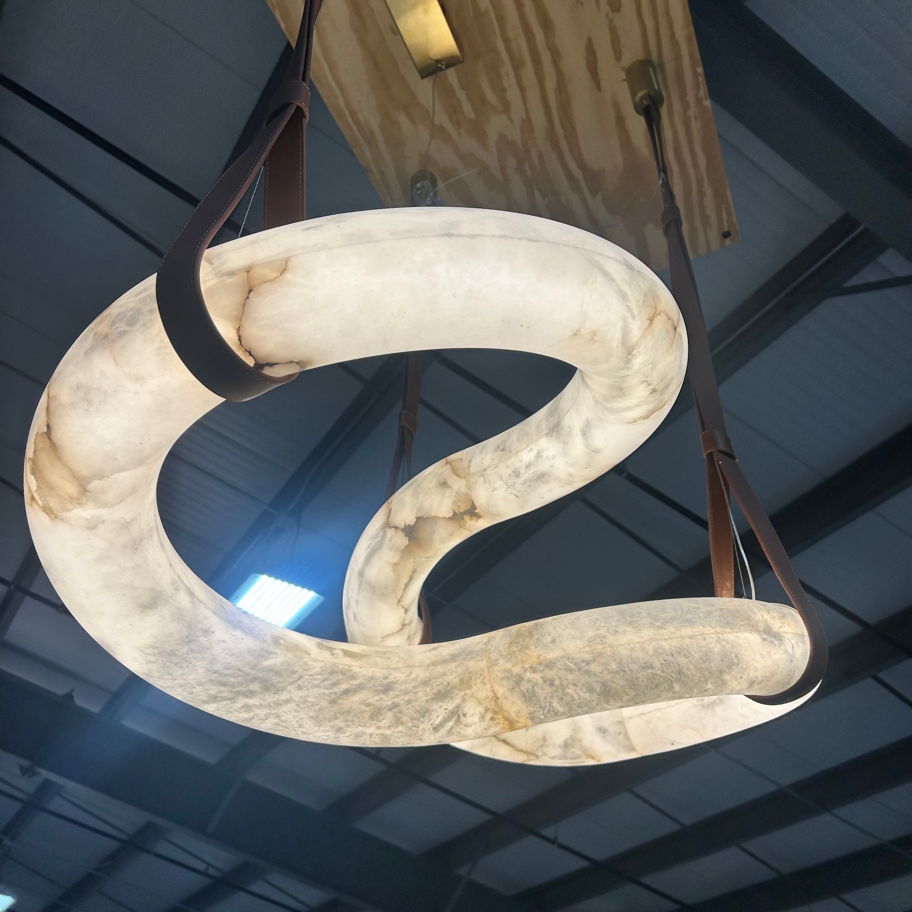The Infinity Hanging Stone Sculptural Pendant With Brown Leather Straps 42"x 31"x 56"