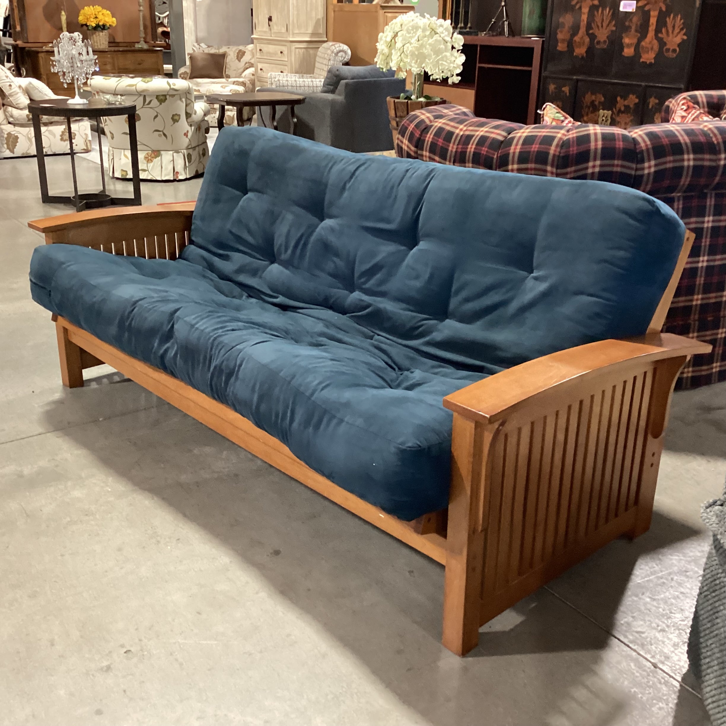 Wood Frame & Blue Micro Suede Cushion Futon Sofa 83"x 41" to 55"x 35"