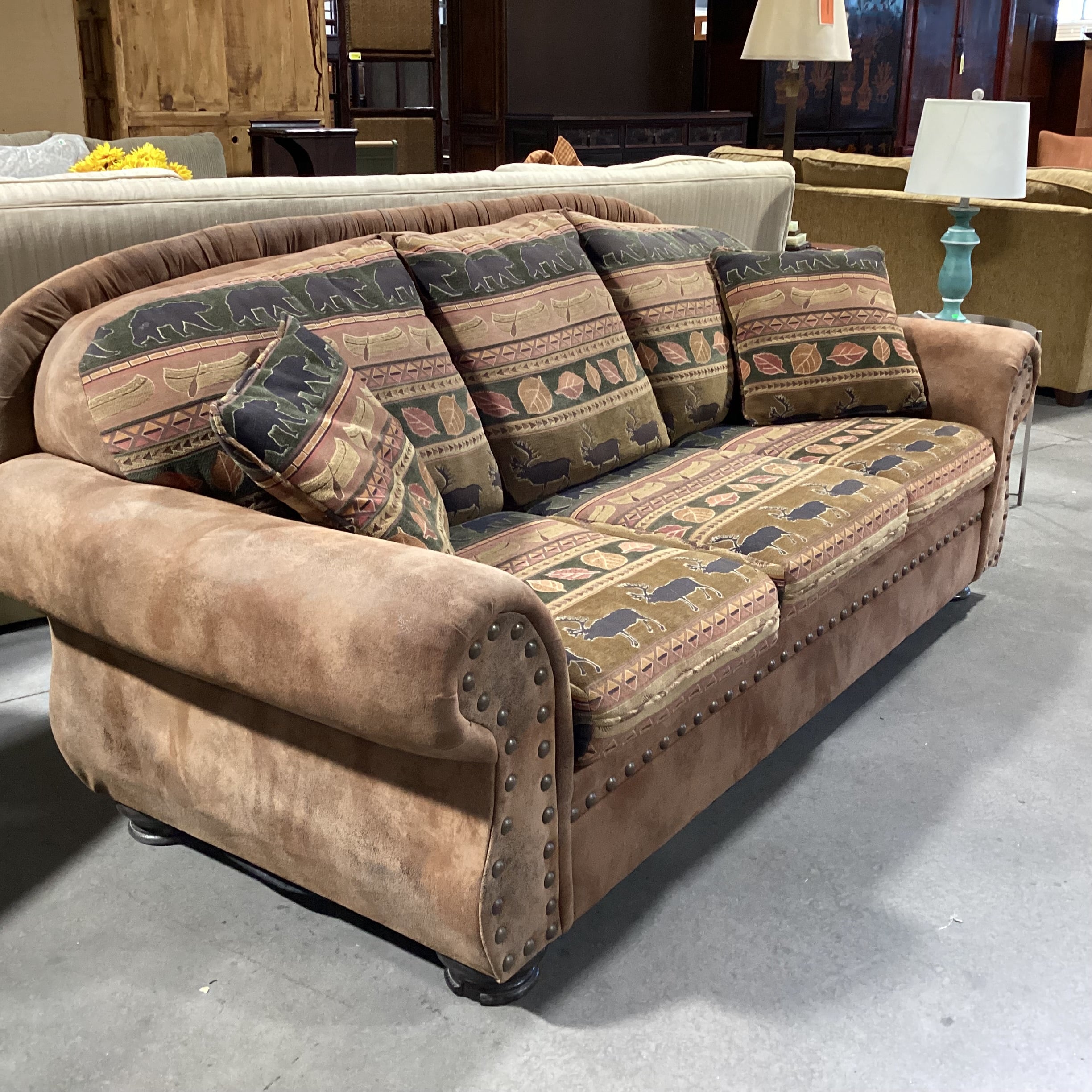 Ultra Suede Animal Cabin Upholstery Nailhead Sofa 90"x 38"x 38"
