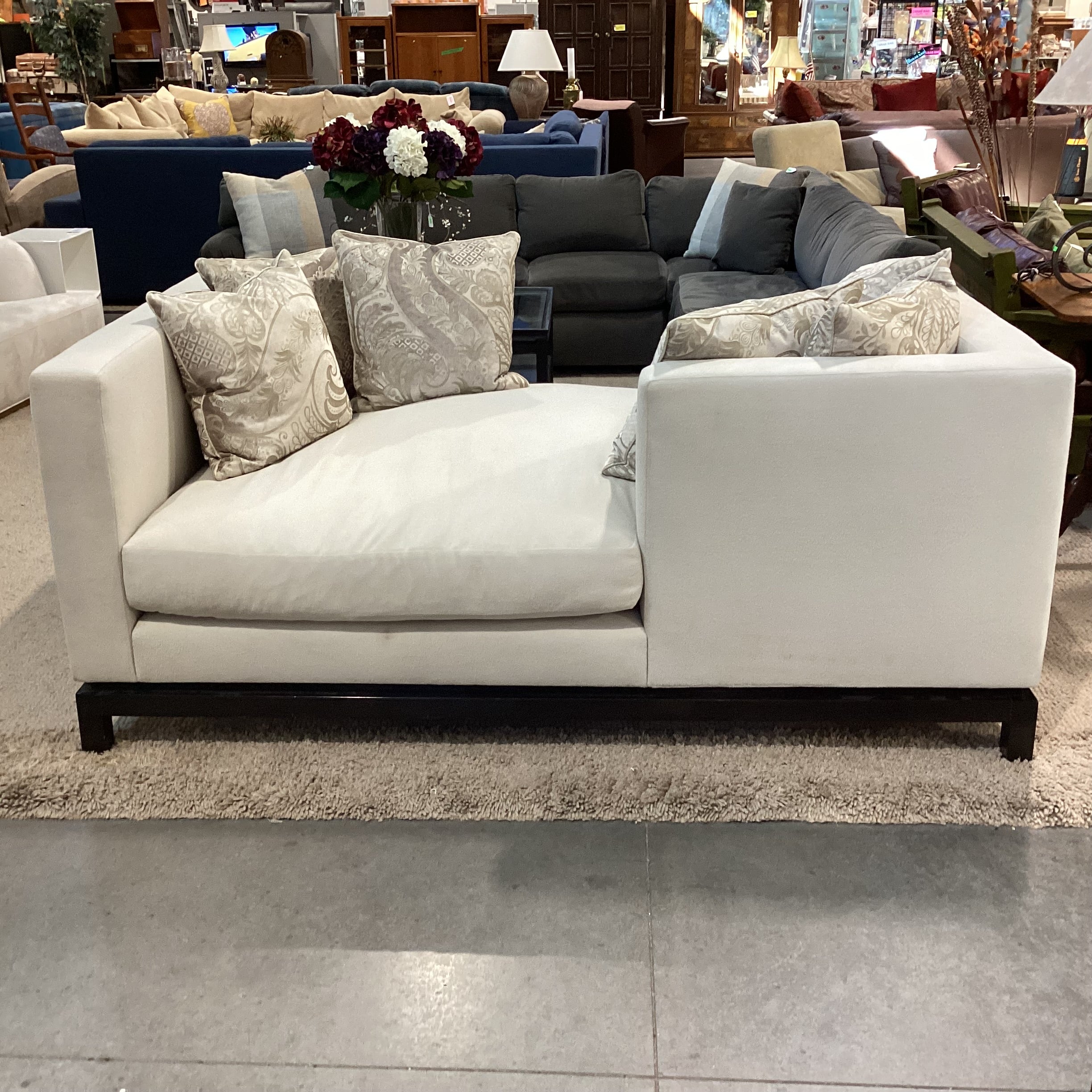JJ Custom Dove Grey Wool Down Mix with Metallic Taupe &Ivory Accent Pillows Modern Chaise Sofa 76"x 48"x 33"