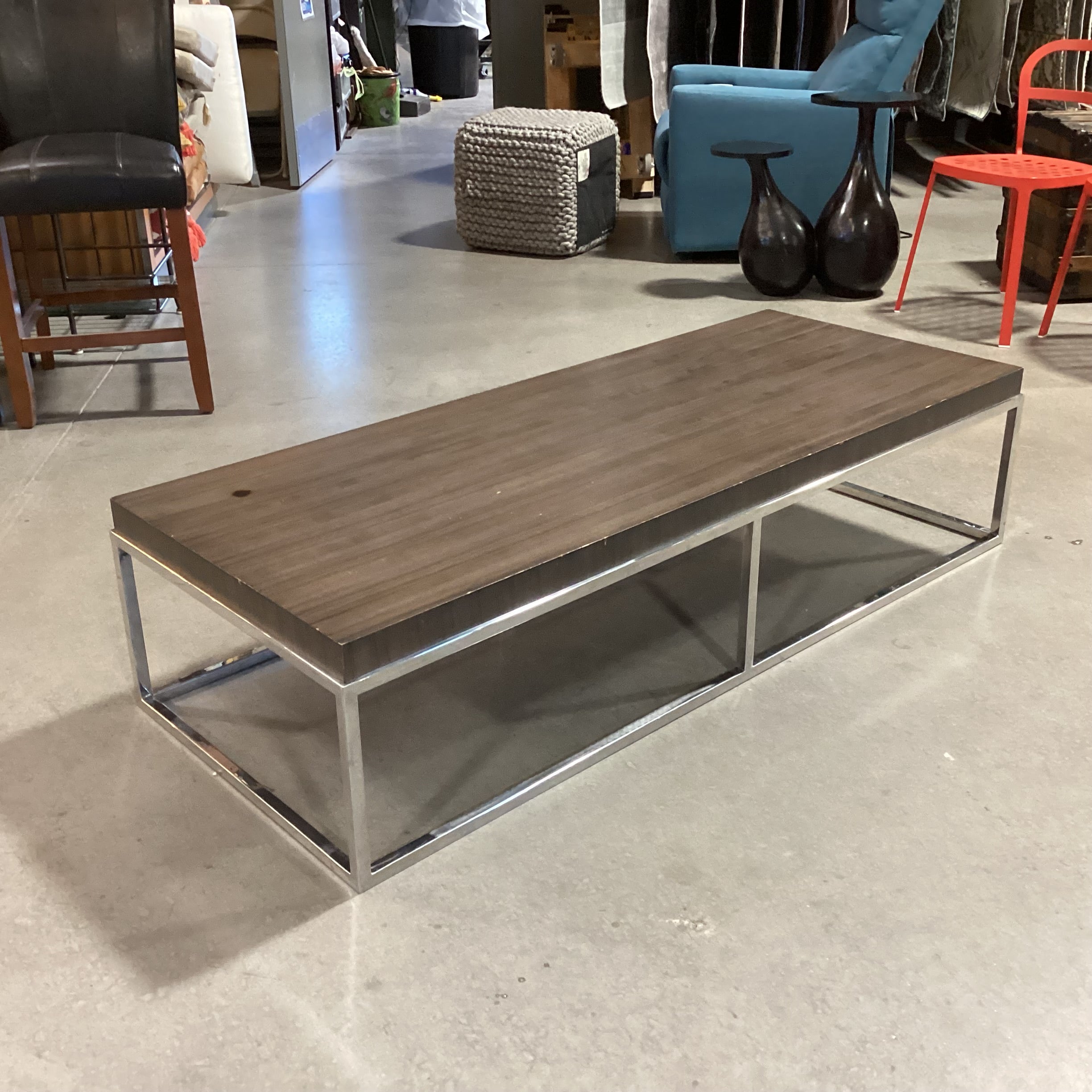 Modern Chrome & Wood Style Veneer Coffee Table 60"x 24"x 14.5"