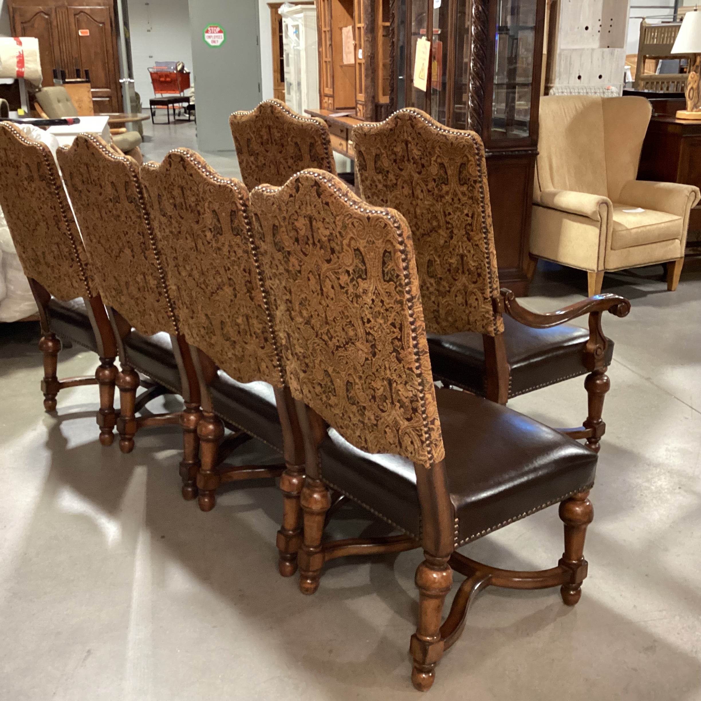 SET of 6 Bernhardt Carved Wood Brown Gold Paisley & Leather Nailhead Dining Chairs 29"x 25"x 49"