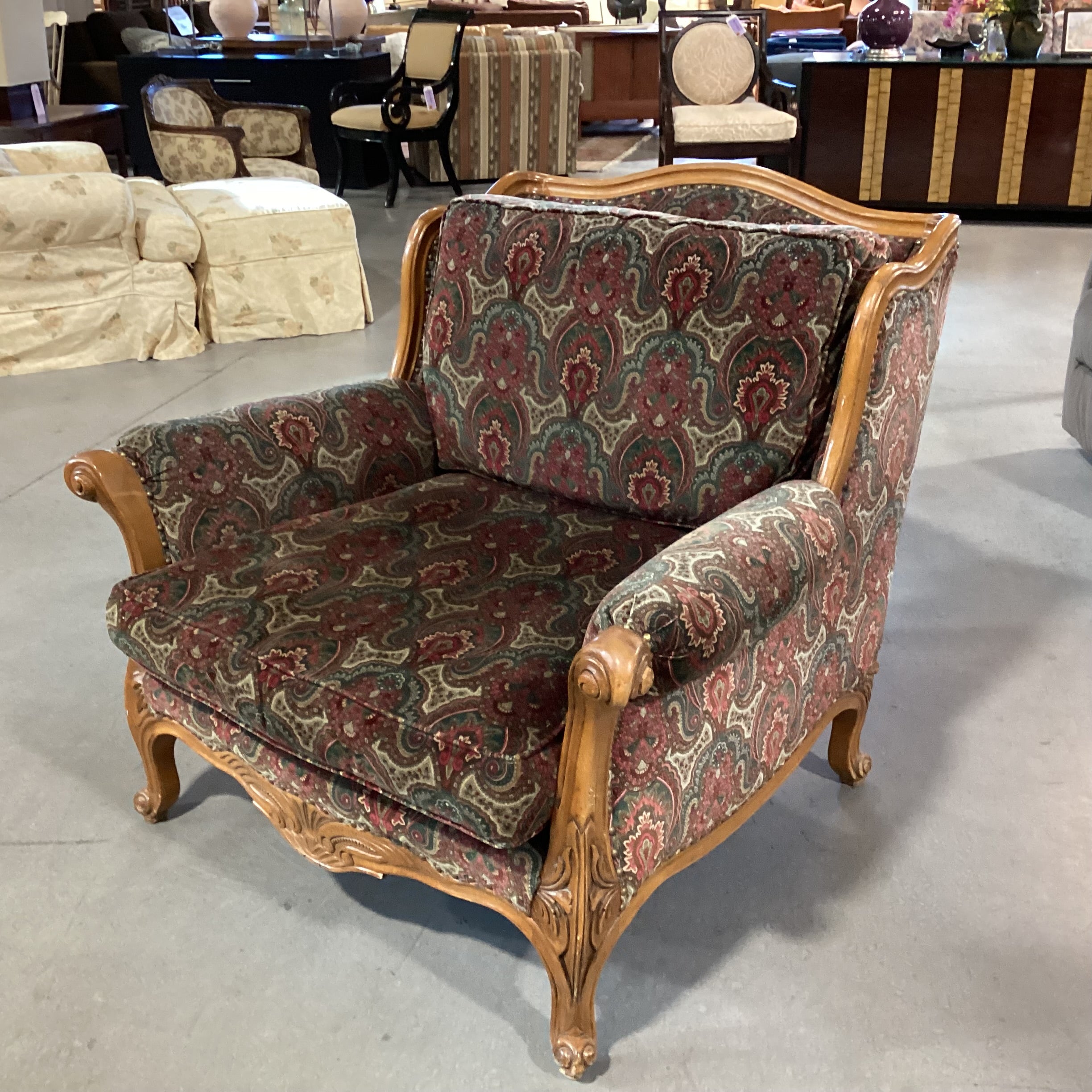 Vintage Ralph Lauren Red Green Paisley Velvet Nailhead & Carved Wood Oversized Chair 42"x 42"x 38"