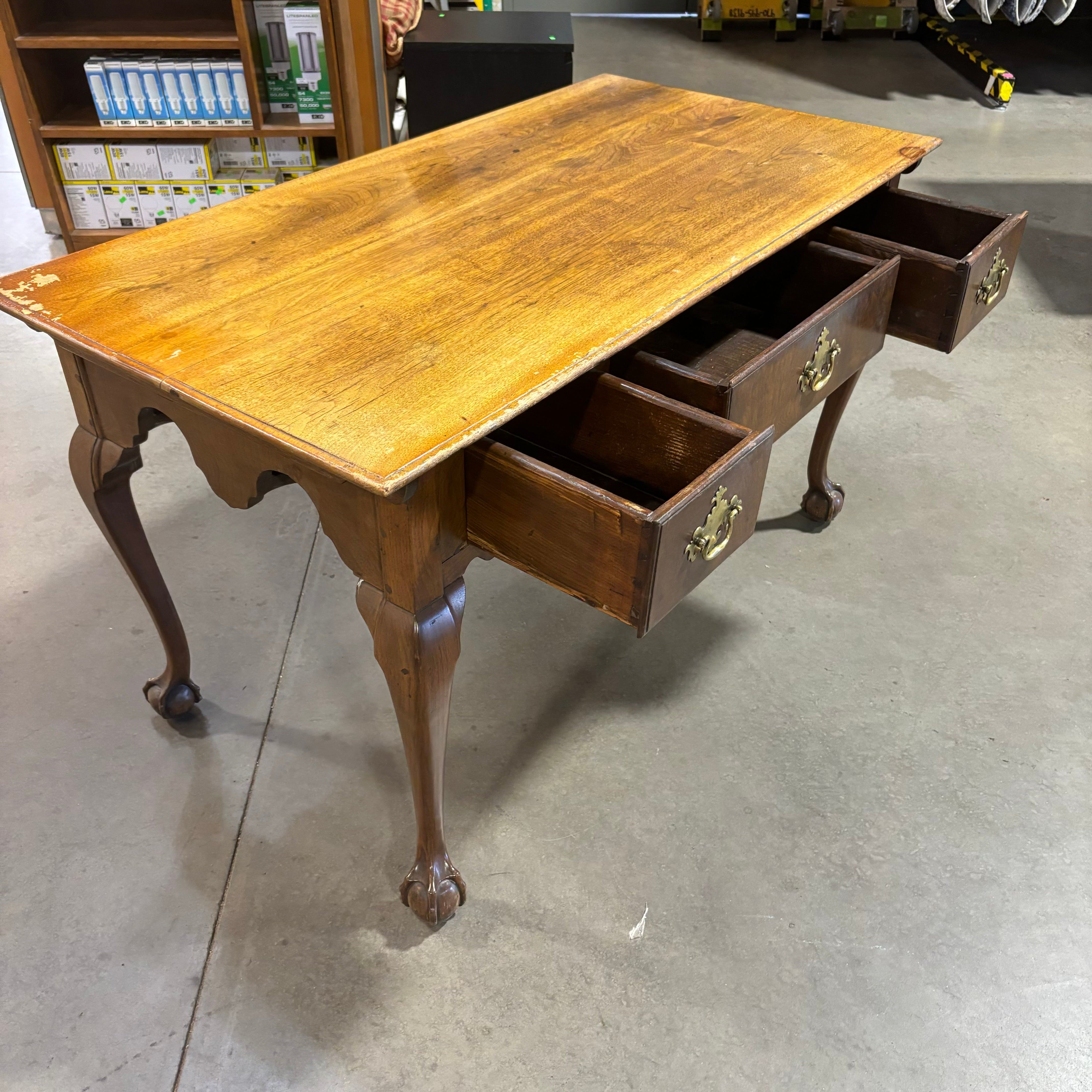 Antique Walnut with Claw and Ball Feet & Brass Accents 3 Drawer Desk 52"x 27"x 29"