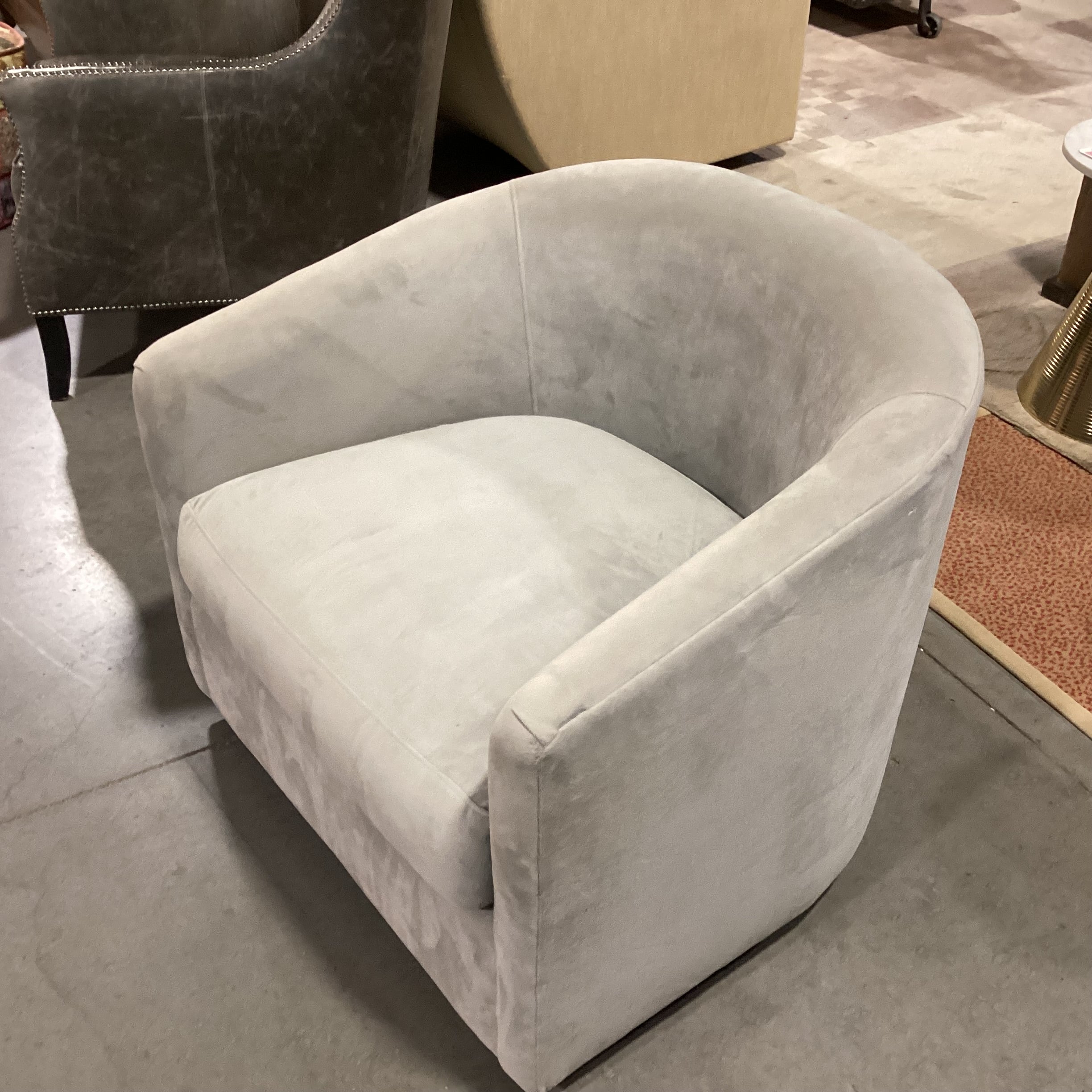 Custom Grey Velvet Swivel Barrel Chair 34"x 32"x 29"