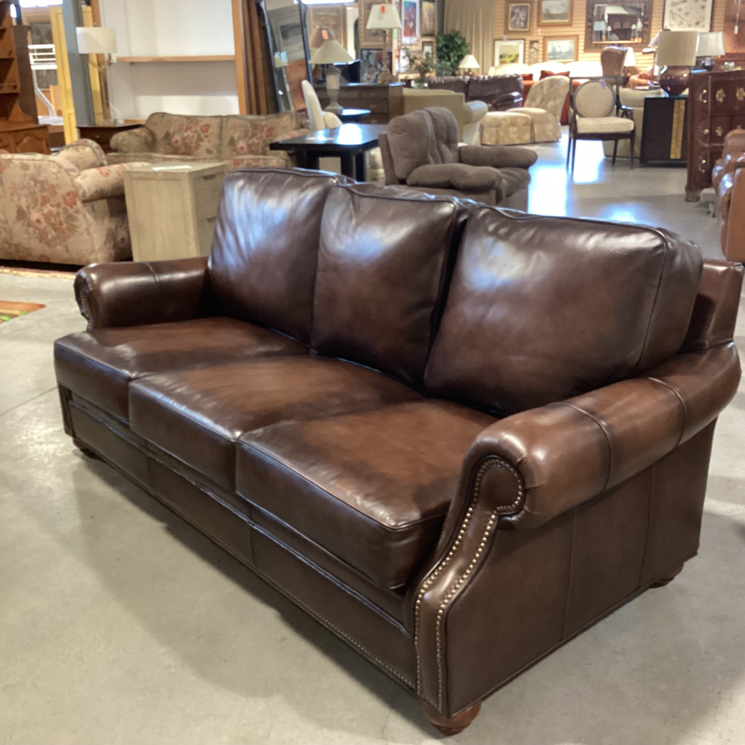 Brown Leather Nailhead with Roll Arm Sofa 82"x 40"x 36"