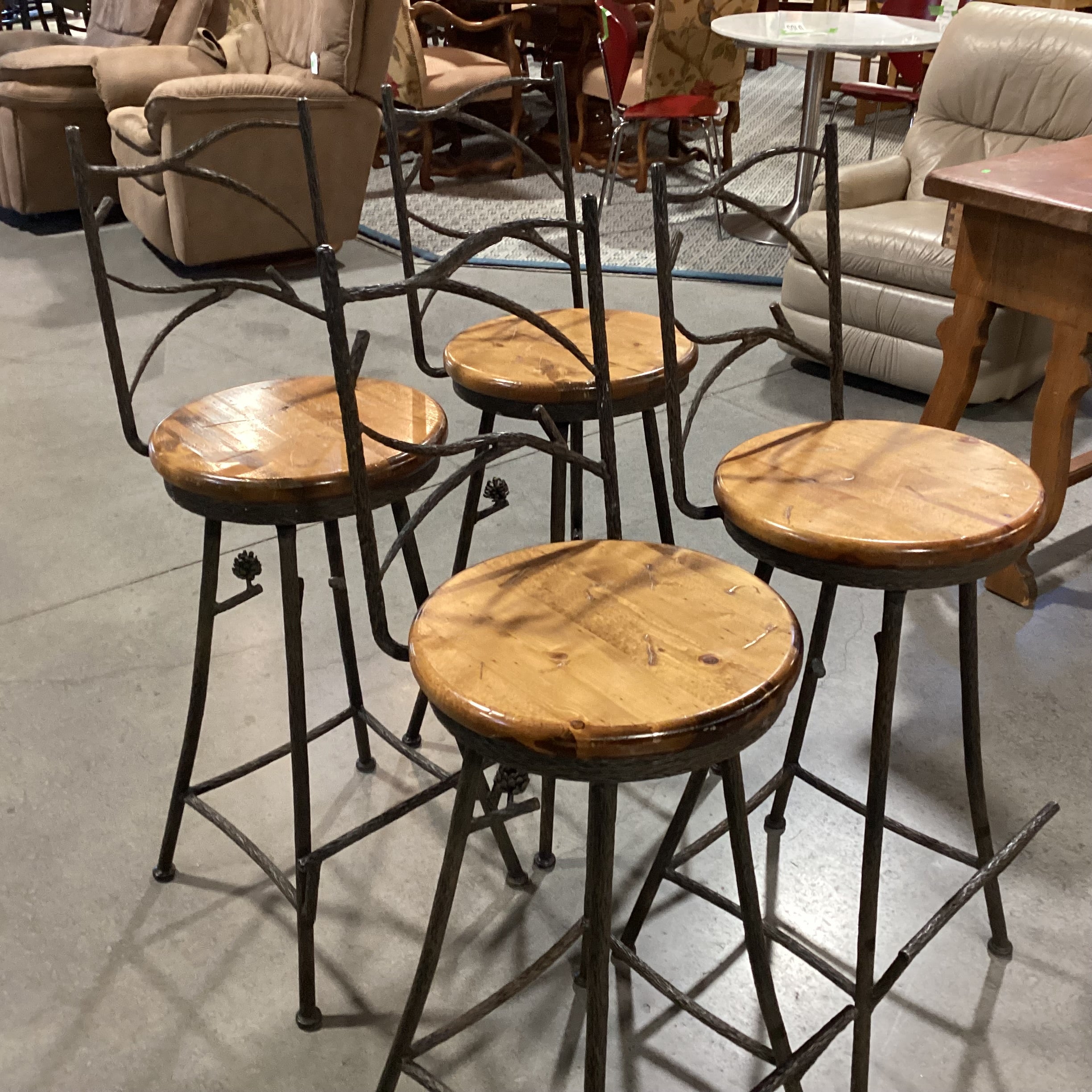 SET of 4 Pinecone & Branch Iron Solid Wood Swivel Seat Barstools 31"