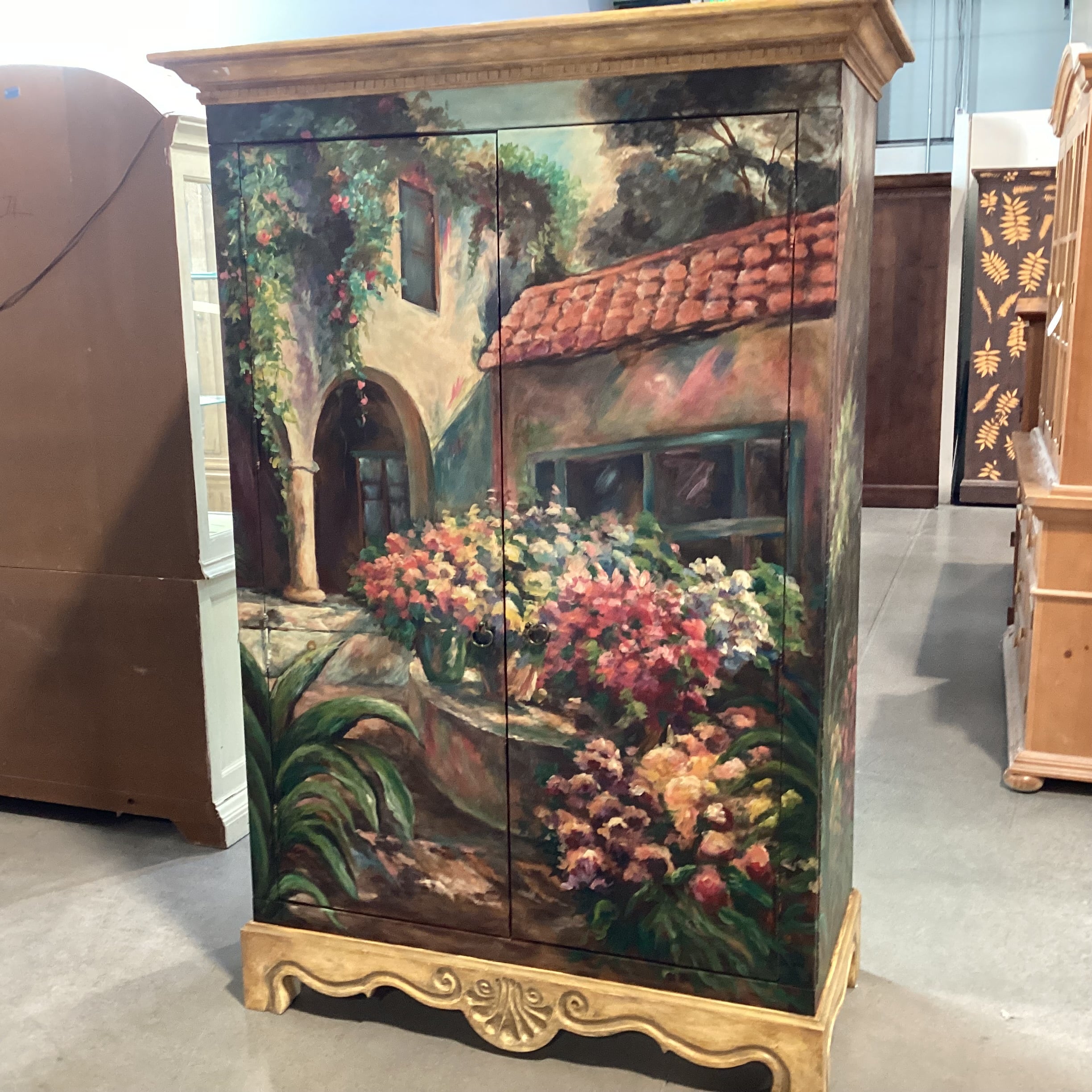 Hand Painted Floral & Carved Wood 2 Door Wardrobe Armoire 50.5"x 23.5"x 74"