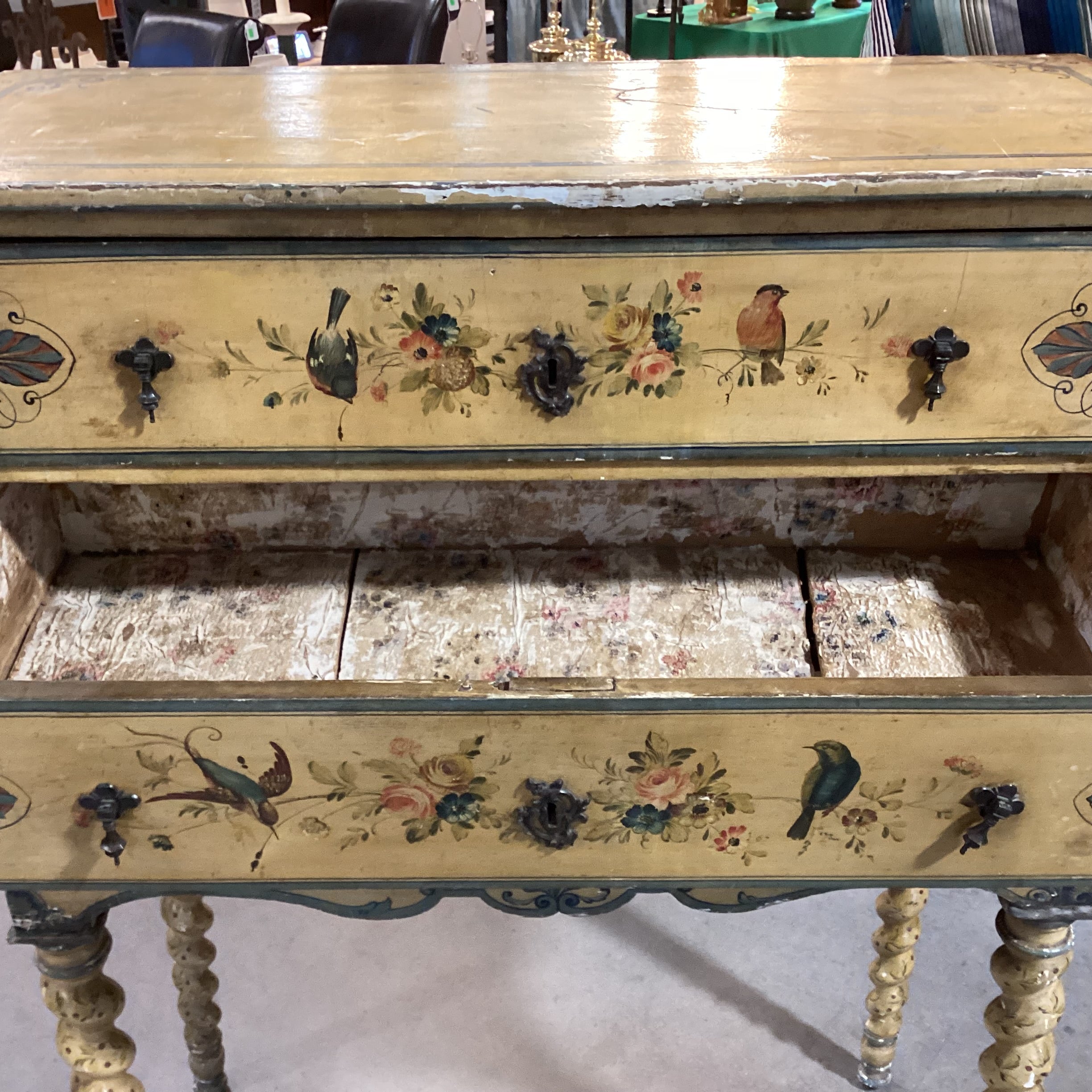 Antique Spindle Leg Hand Painted Bird & Floral 3 Drawer Chest 42"x 19"x 55"