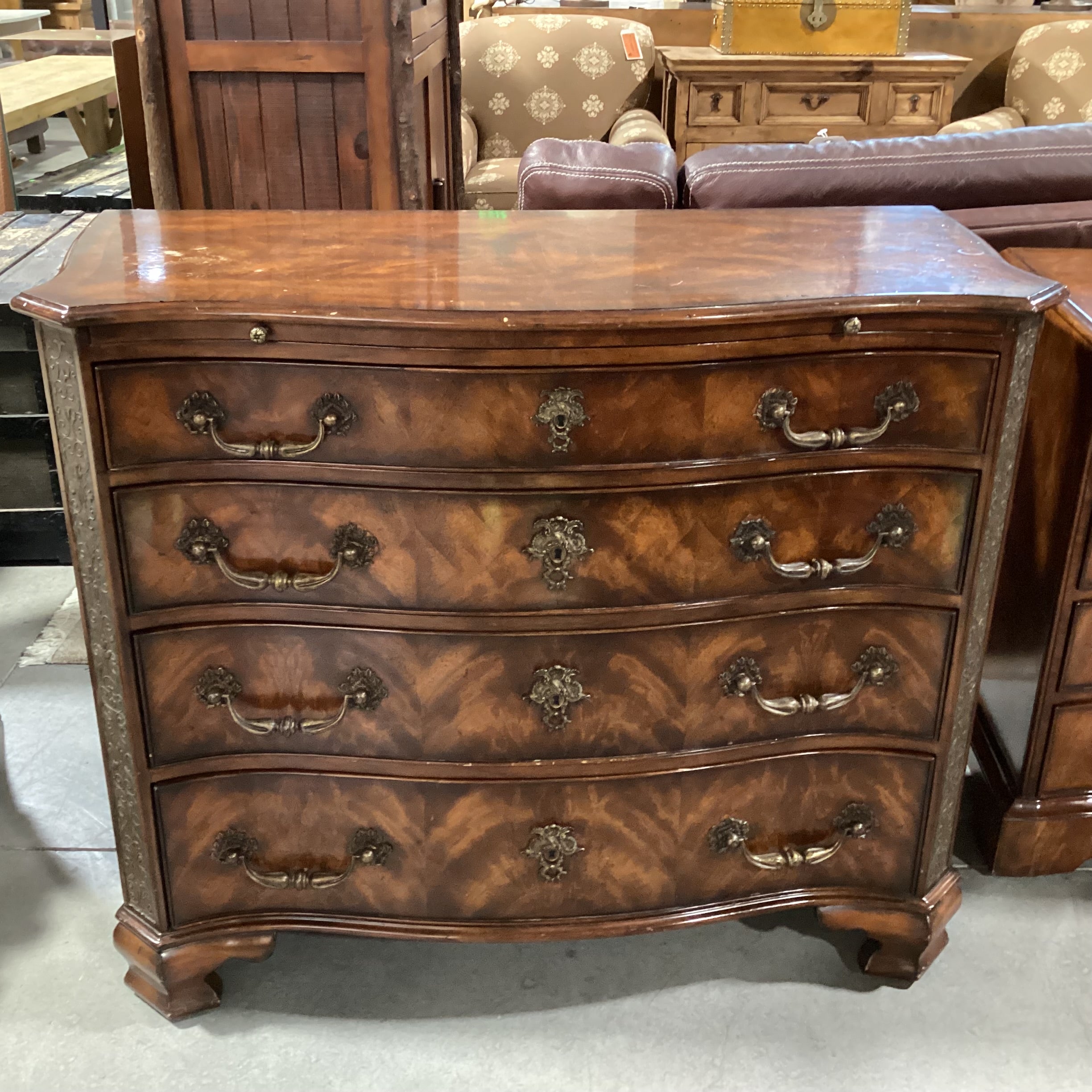 Theodore Alexander Flamed Mahogany Veneer & Carved Wood Ornate Brass Accent 4 Drawer with Leather Top Pullout Chest 43"x 20"x 36"