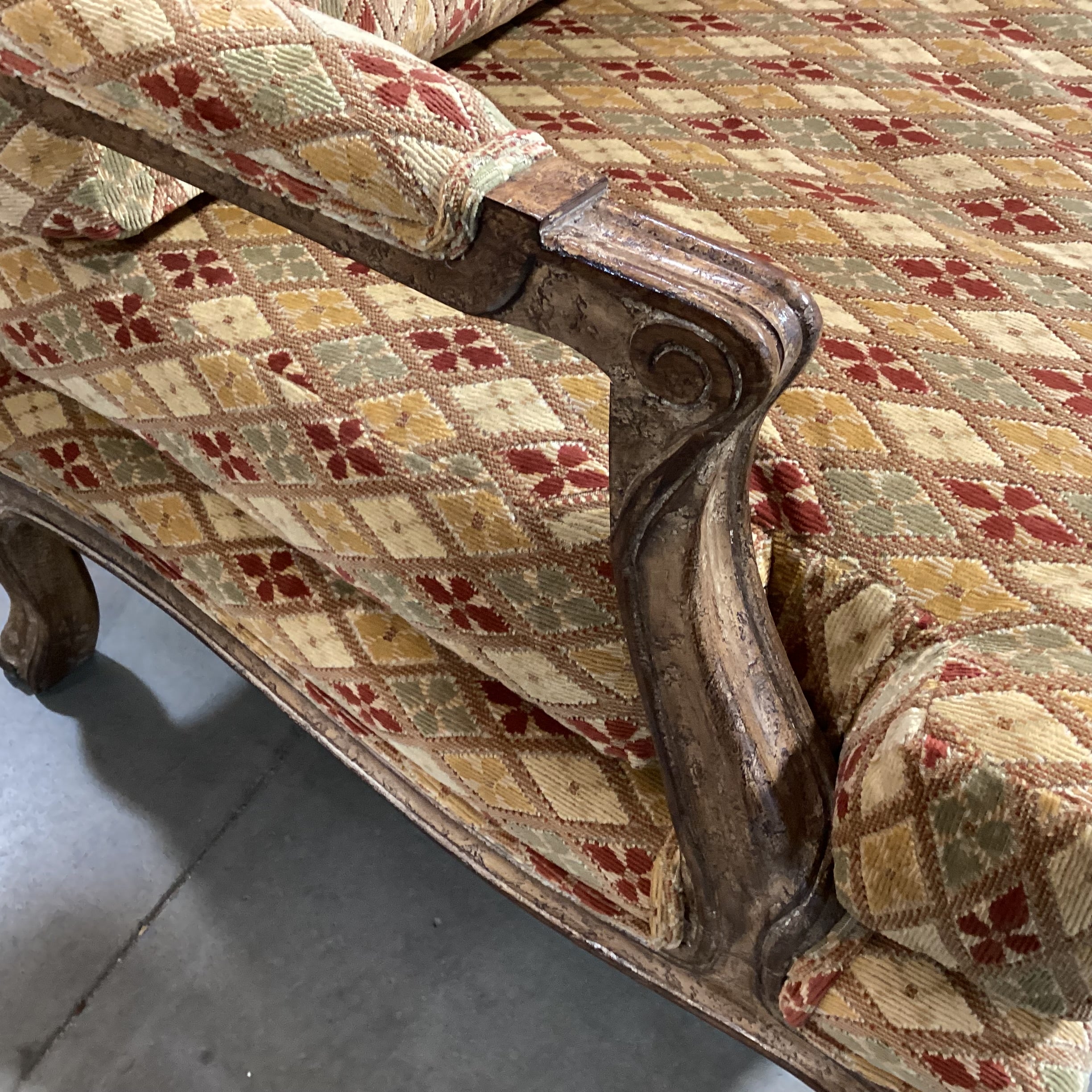 Kreiss Collection Gold Rust Sage Raised Chenille Diamond Pattern & Antiqued Finish Carved Wood Chair 34"x 36"x 40"