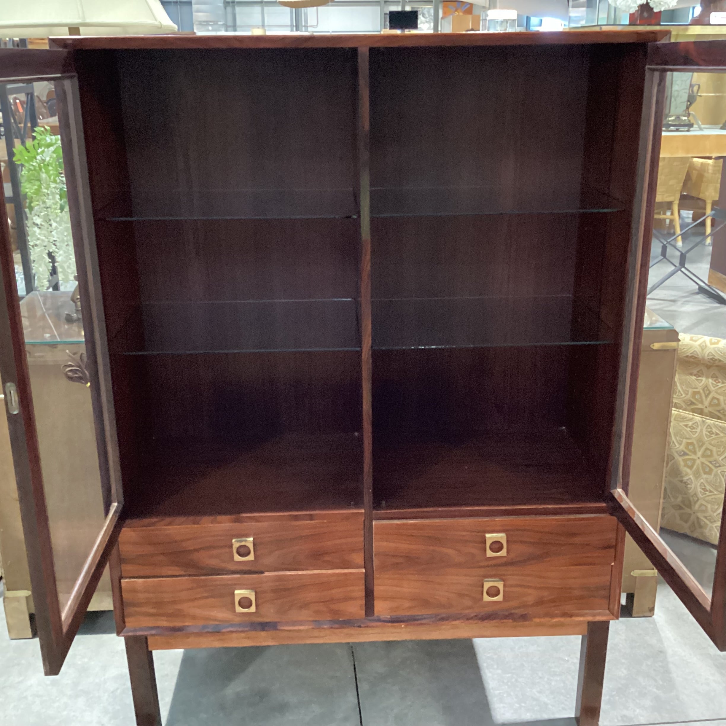 Vintage Danish Mid Century Rosewood & Glass 2 Door with Shelves 4 Drawer Display Cabinet Armoire 39.5"x 16"x 55"