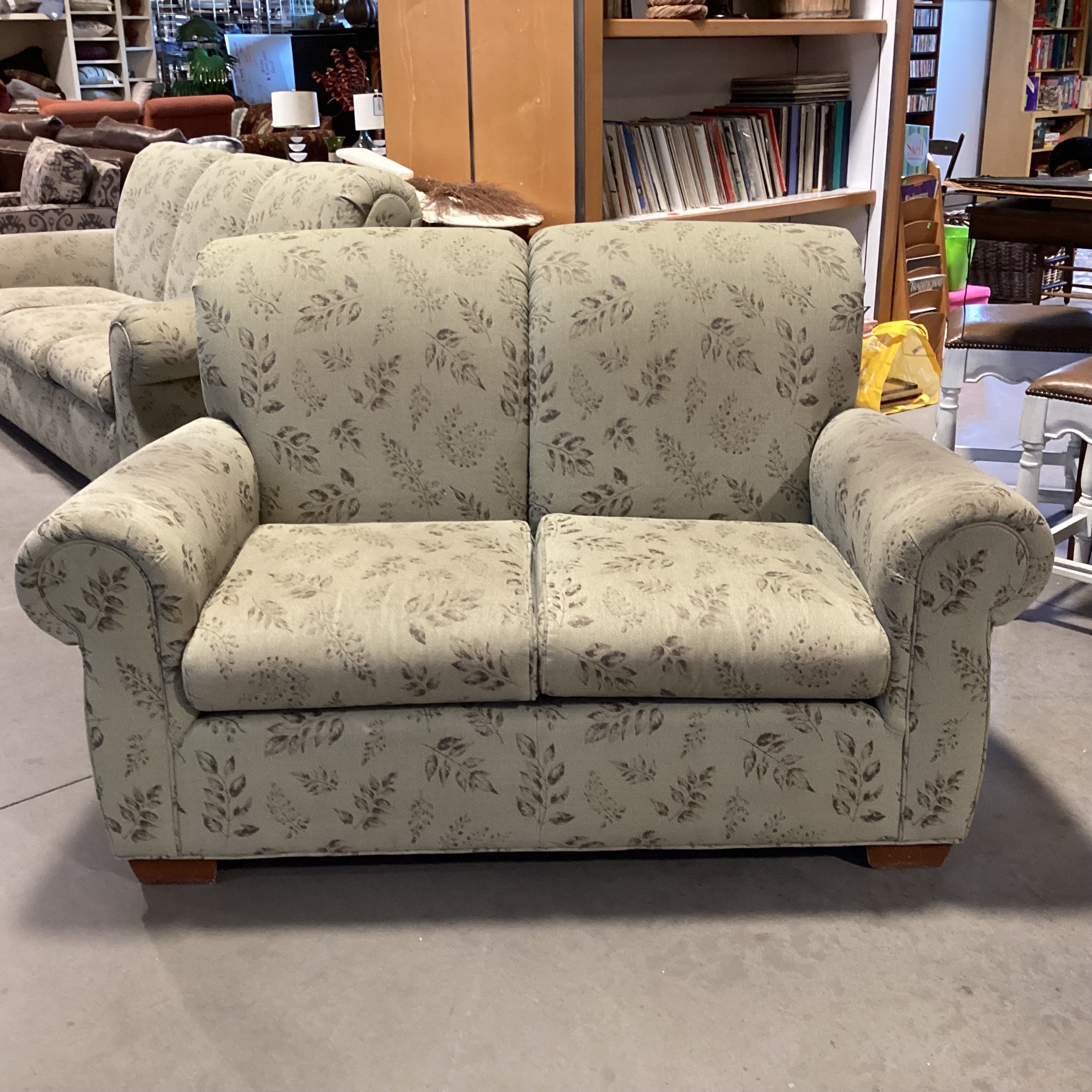 Sage with Leaf Design Roll Arm & Back Loveseat Sofa 62"x 38"x 37"