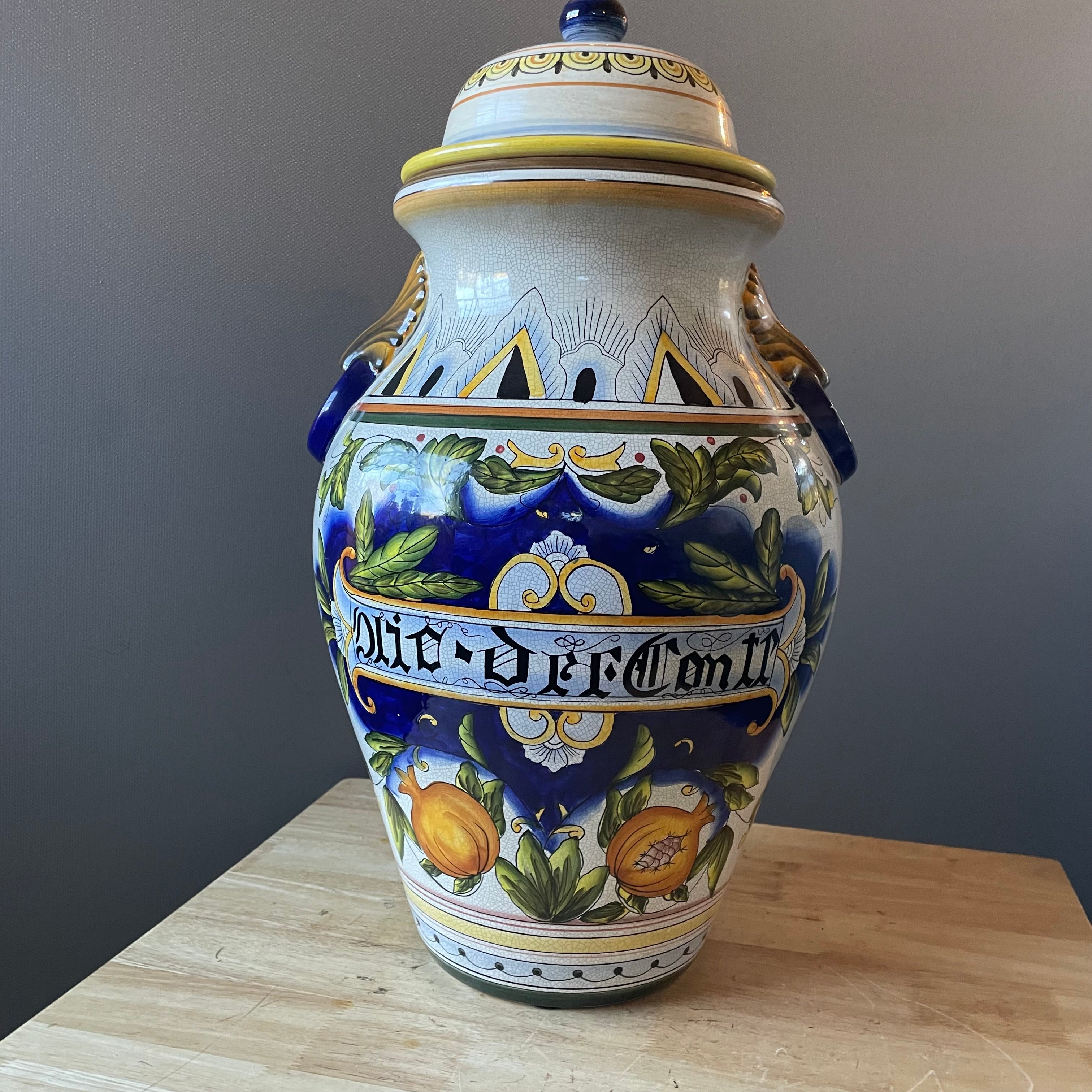 Decorative Majolica Style Reproduction Lidded Apothecary Jar, 14"x 23"