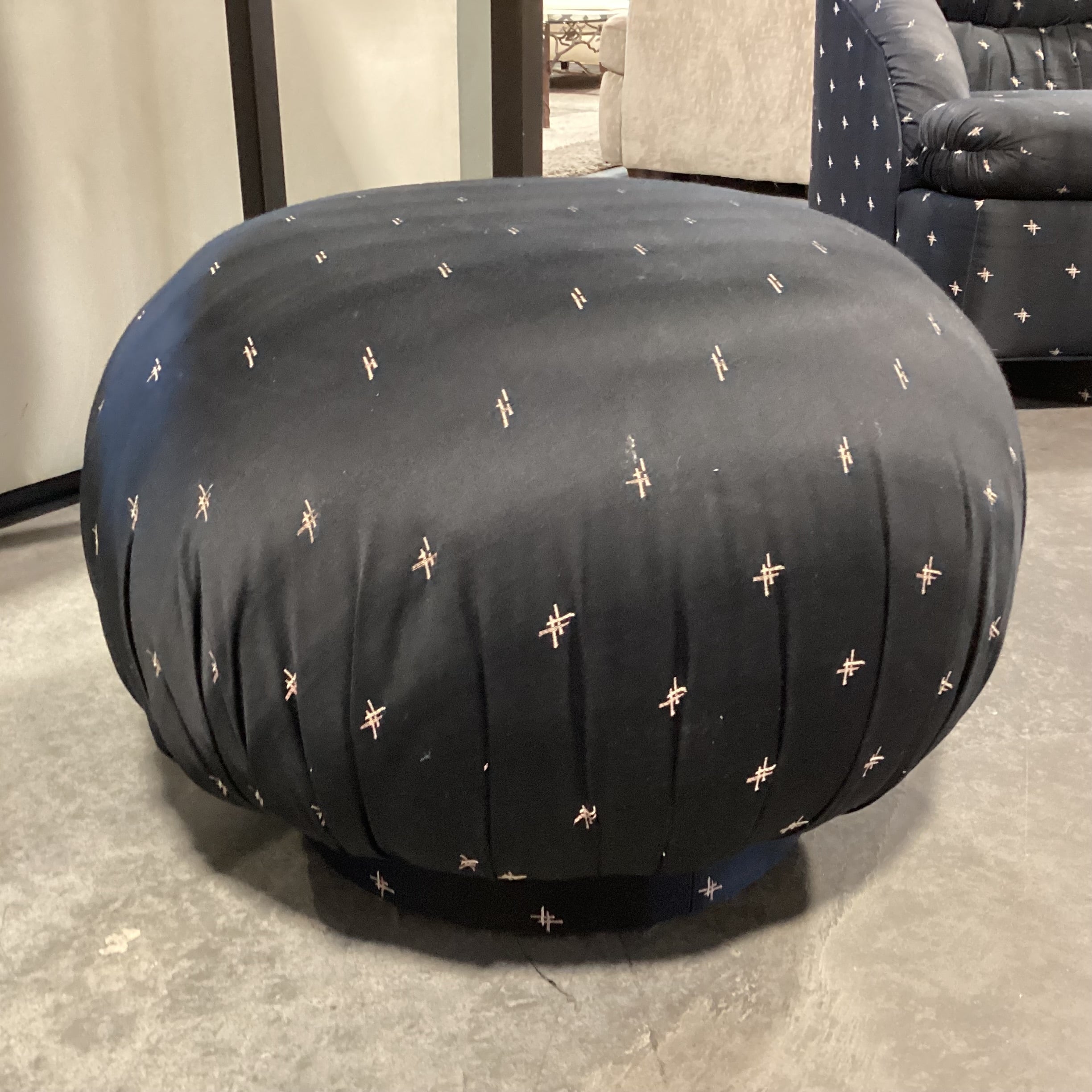 Black with Stitched Accent Pattern Round Ottoman 26" Diameter x 17"