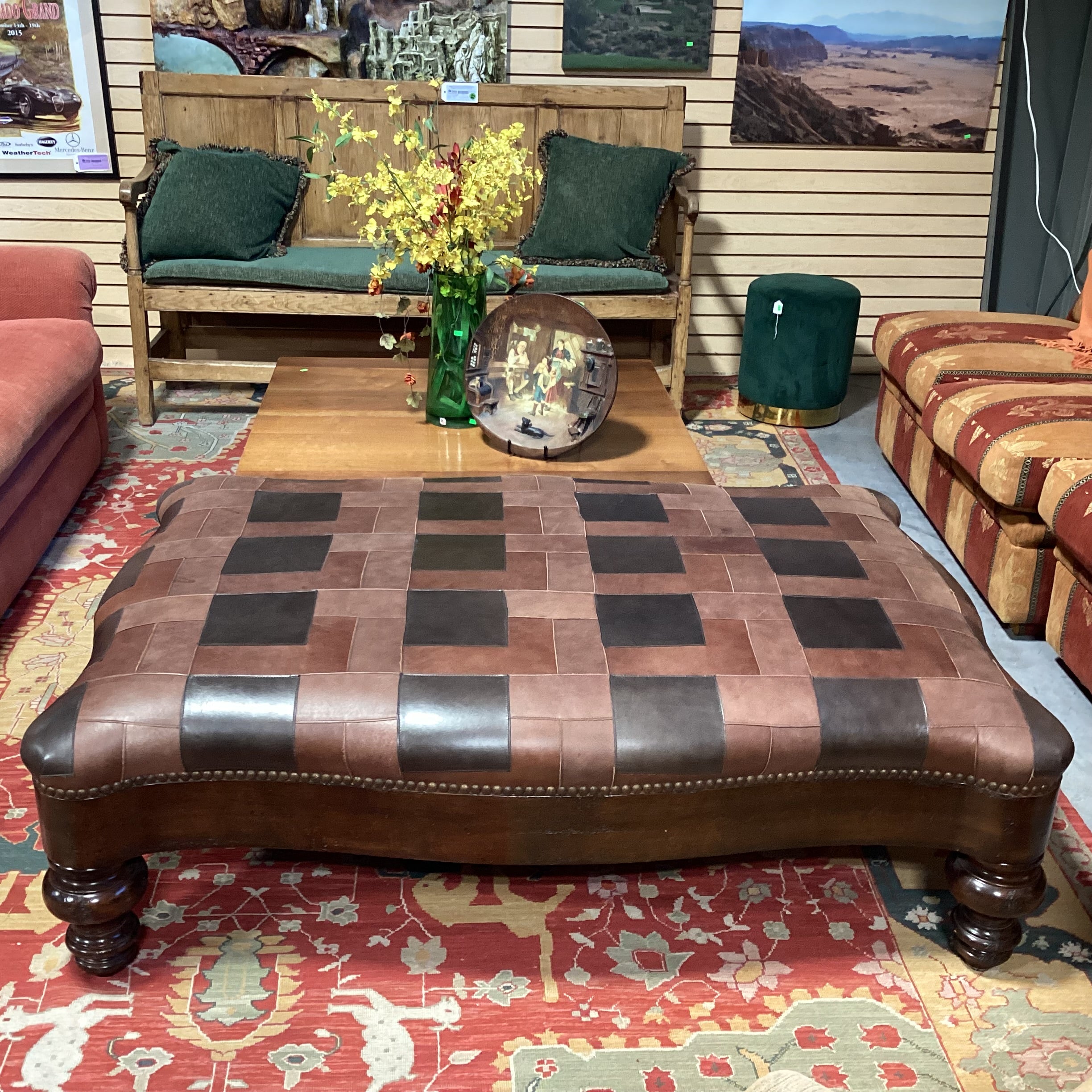 T J Hooker Brown Tones Patchwork Leather Nailhead & Carved Distressed Wood Cocktail Ottoman 61"x 41"x 20"