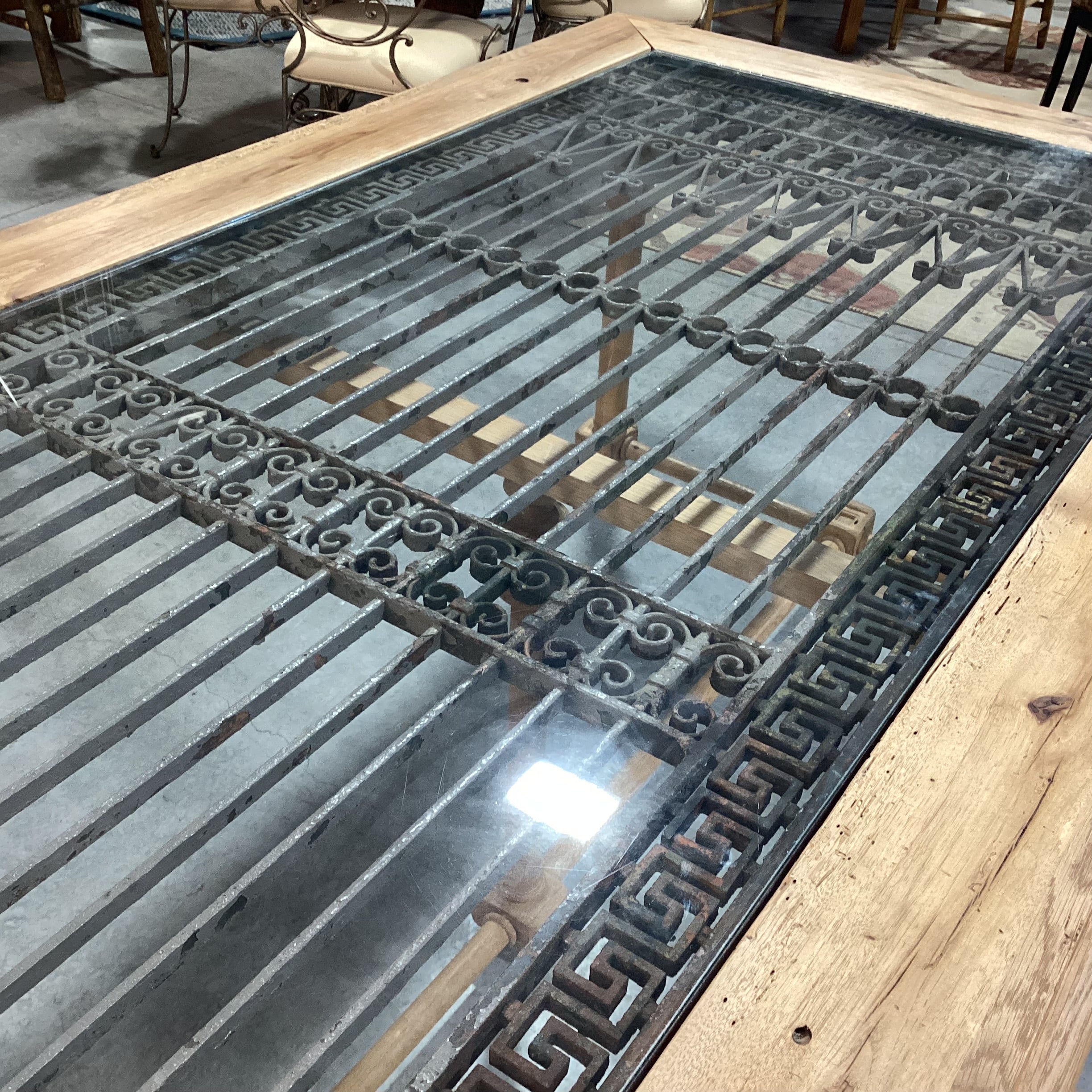 Antique Ornate Iron & Natural Carved Wood Dining Table 88"x 48"x 32"