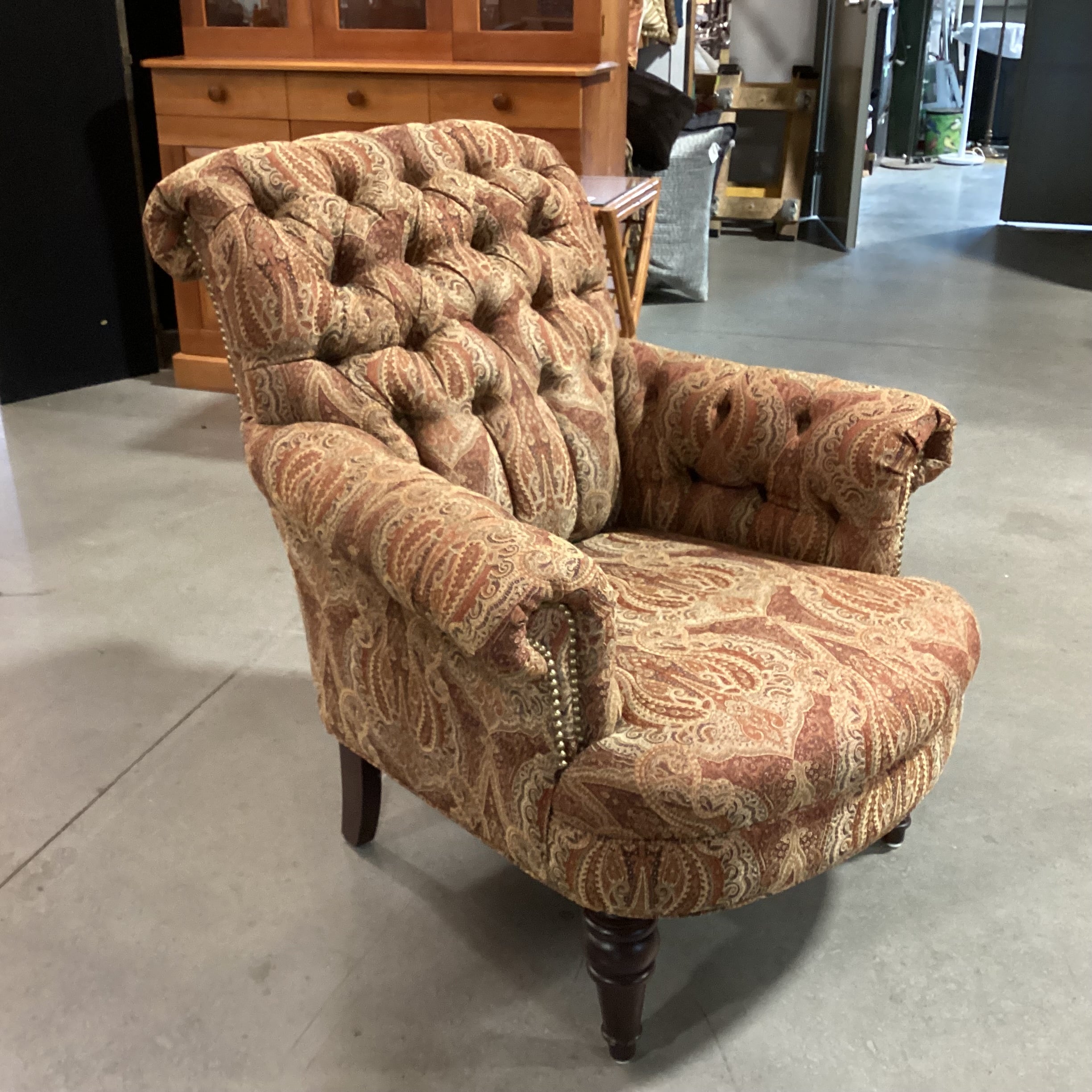 Custom Gold Rust Tan Ornate Paisley Tufted Nailhead with Carved Feet Chair 34"x 38"x 38"