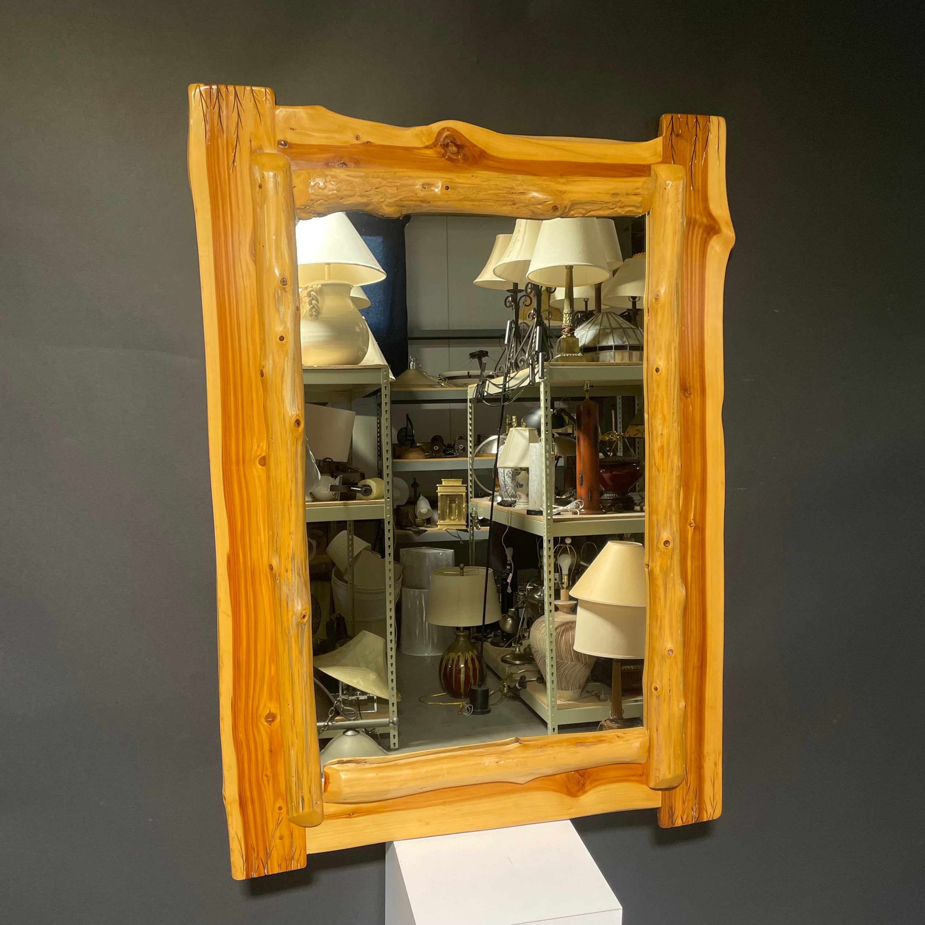 Live Edge Solid Natural Cedar Wood With Burned Wood Wall Mirror W/Branch Design 35 1/2" x 48"