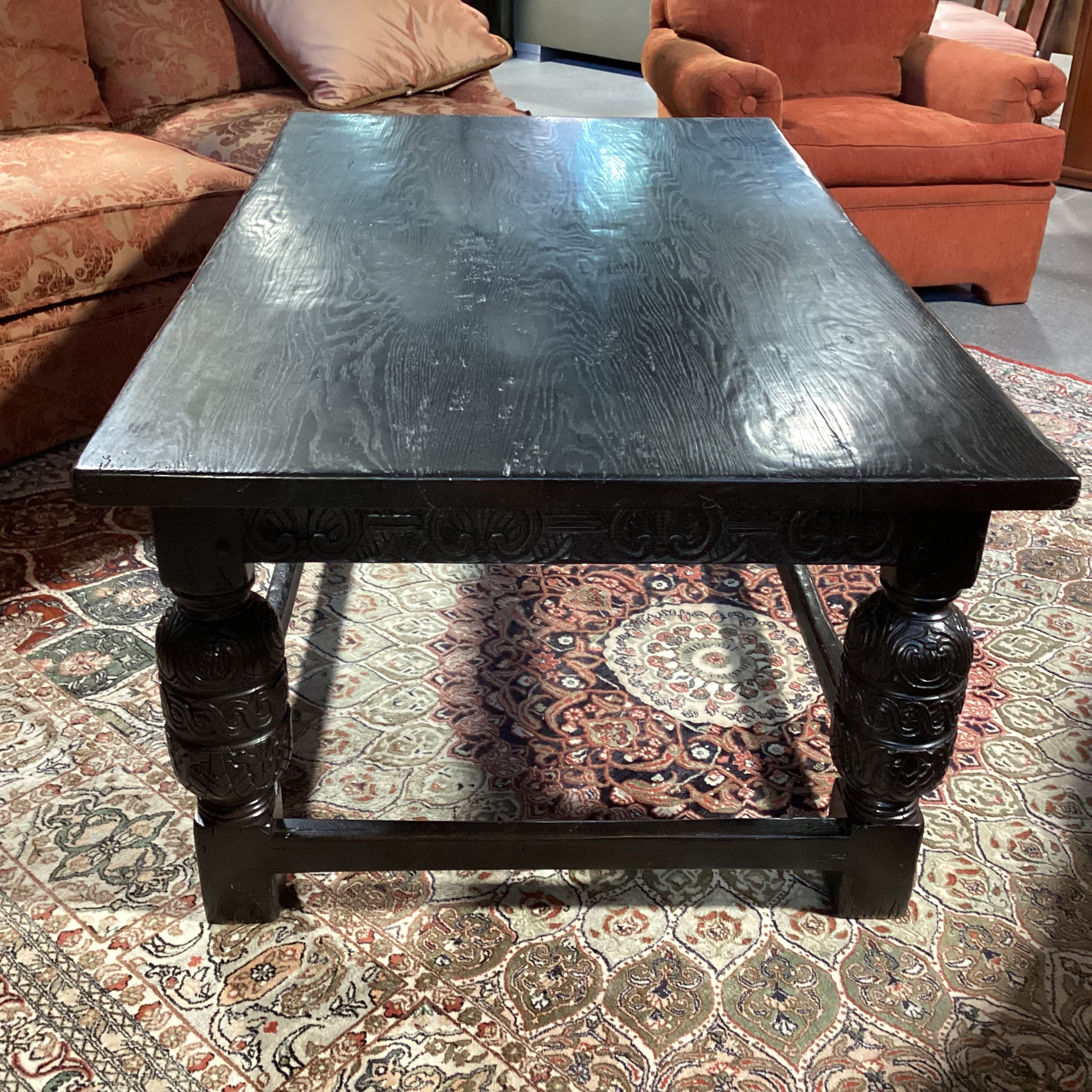 Antique Black Finish Ornate Carved Wood Coffee Table 60"x 36"x 24"