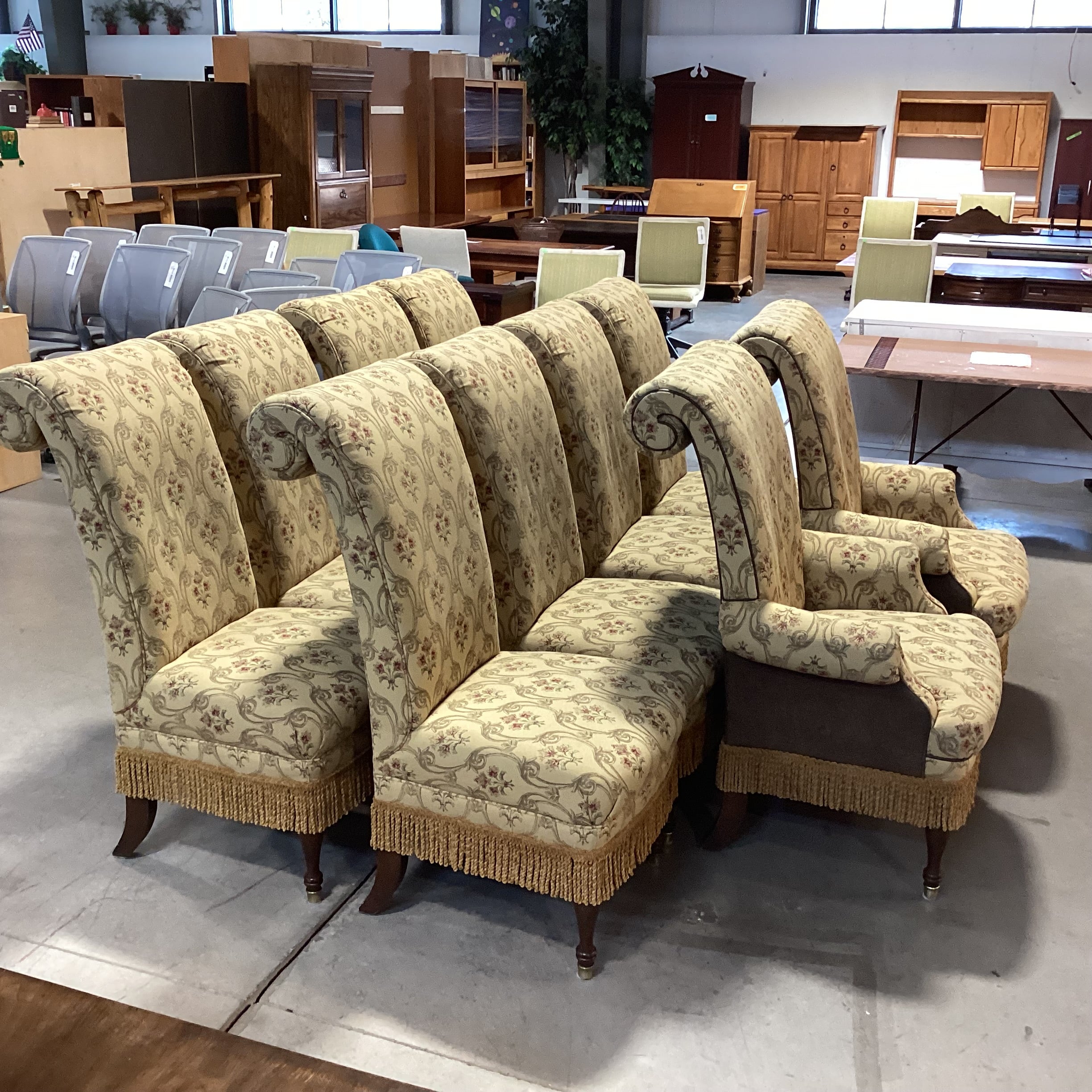 SET of 10 Custom Gold with Ornate Red Floral Leather & Fringe Roll Arm Back Dining Chairs 23"x 30"x 46"