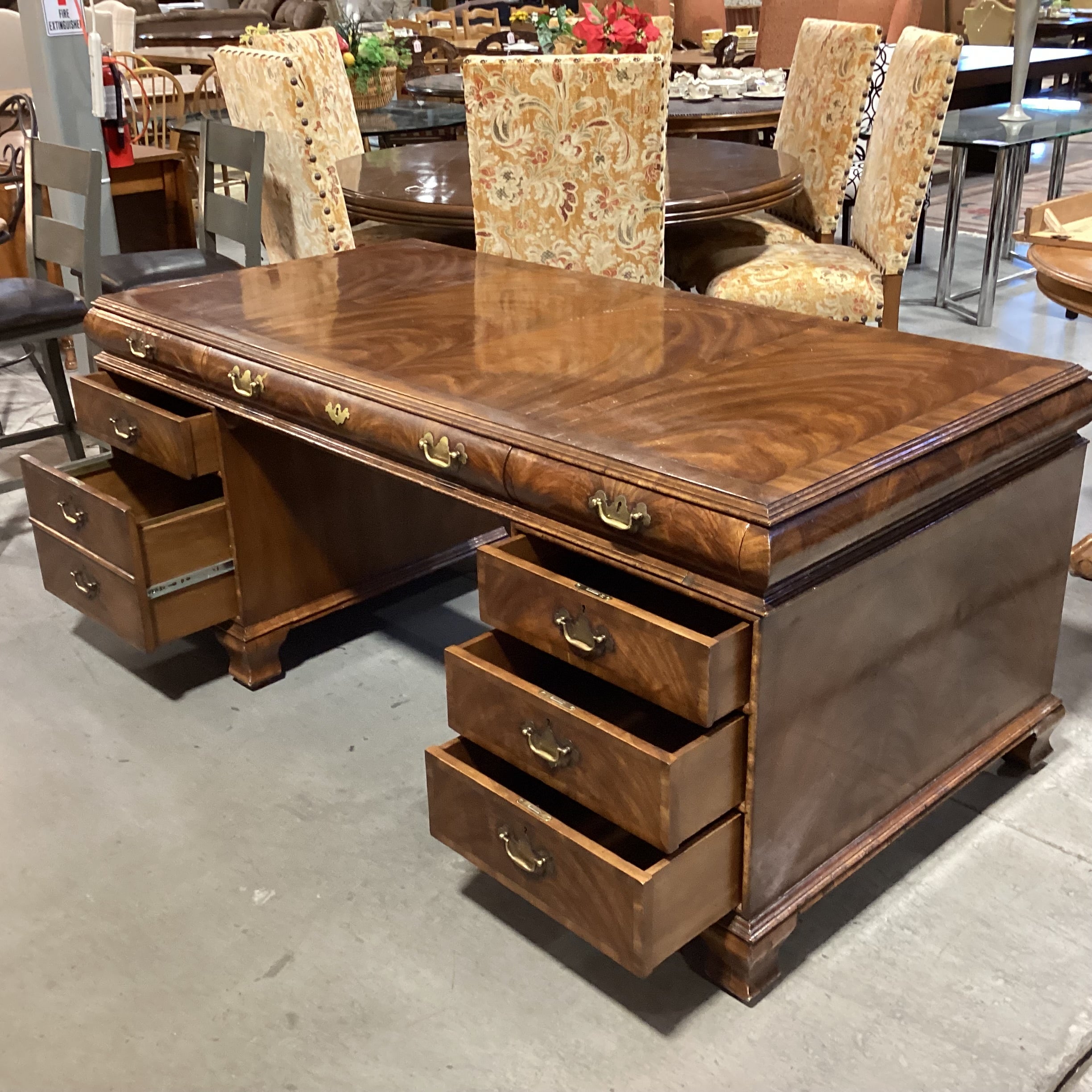 Alfonso Marina Ebastina Delaware Antiqued Primavera Wood & Brass 8 Drawer Desk 73"x 36"x 31"