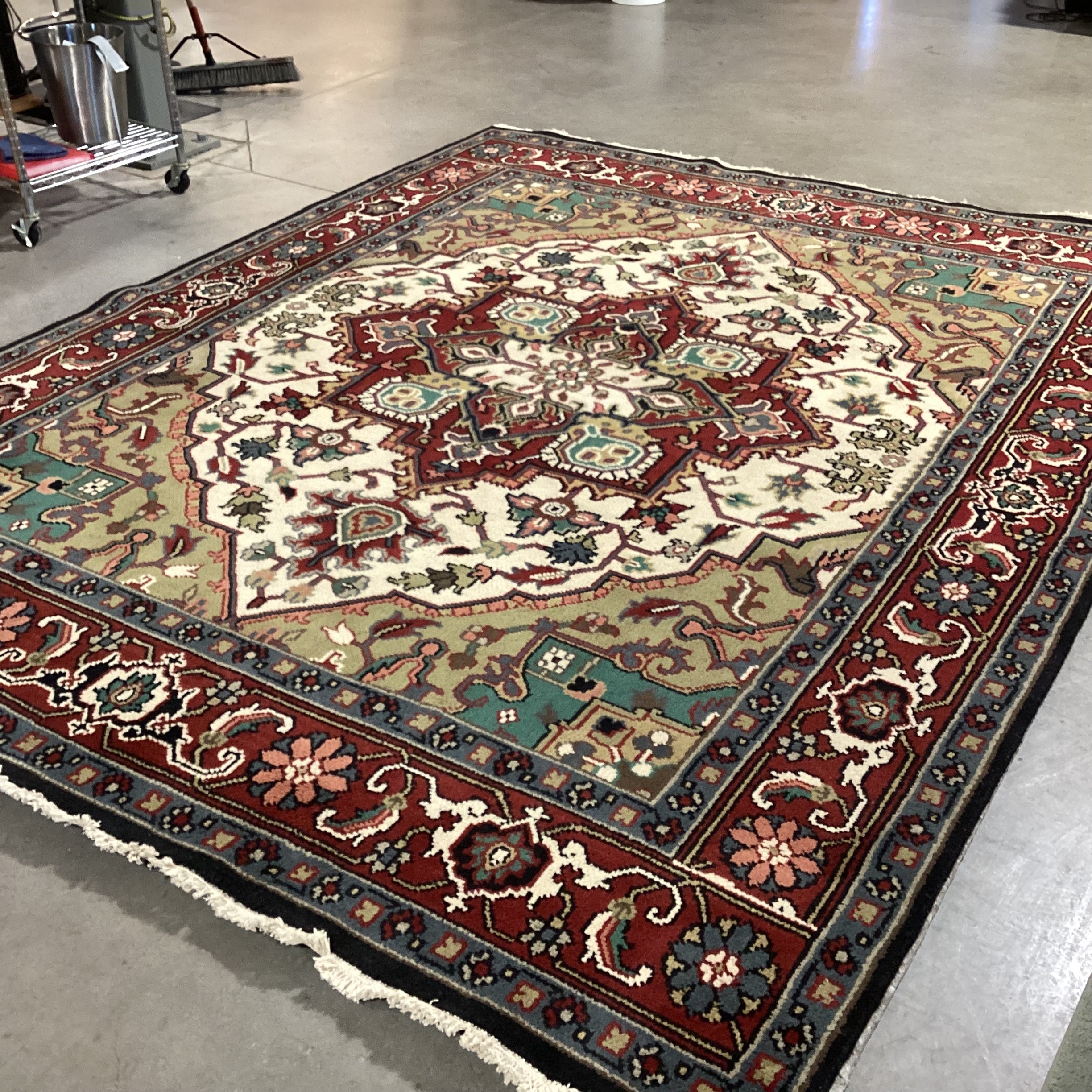 Red Blue Cream Hand Woven Wool Rug 8'x 10'