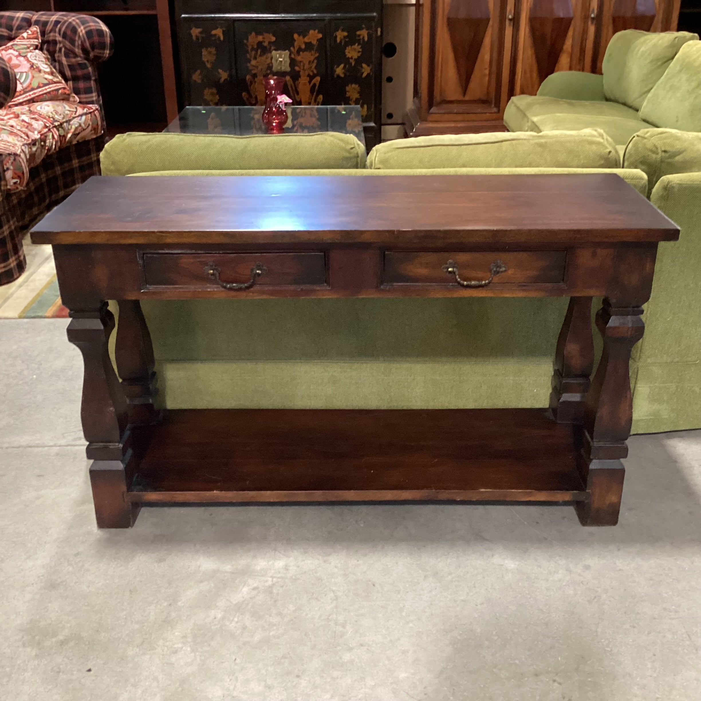 Solid Dark Finish Wood Carved Legs 2 Drawer & Bottom Shelf Console Sofa Table 52"x 18"x 30"
