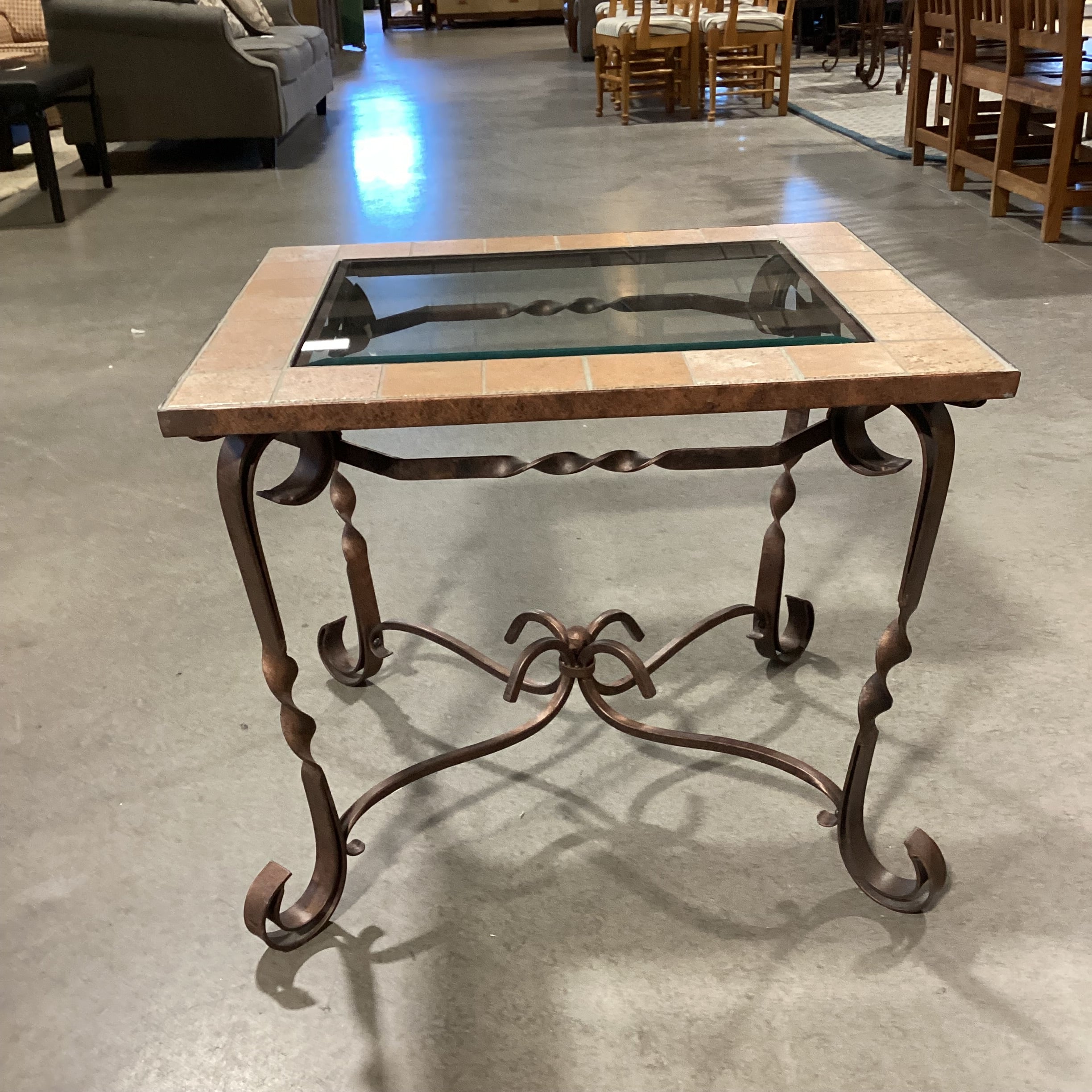 Ornate Iron Terracotta Tile and Glass End Table 28"x 24"x 23"