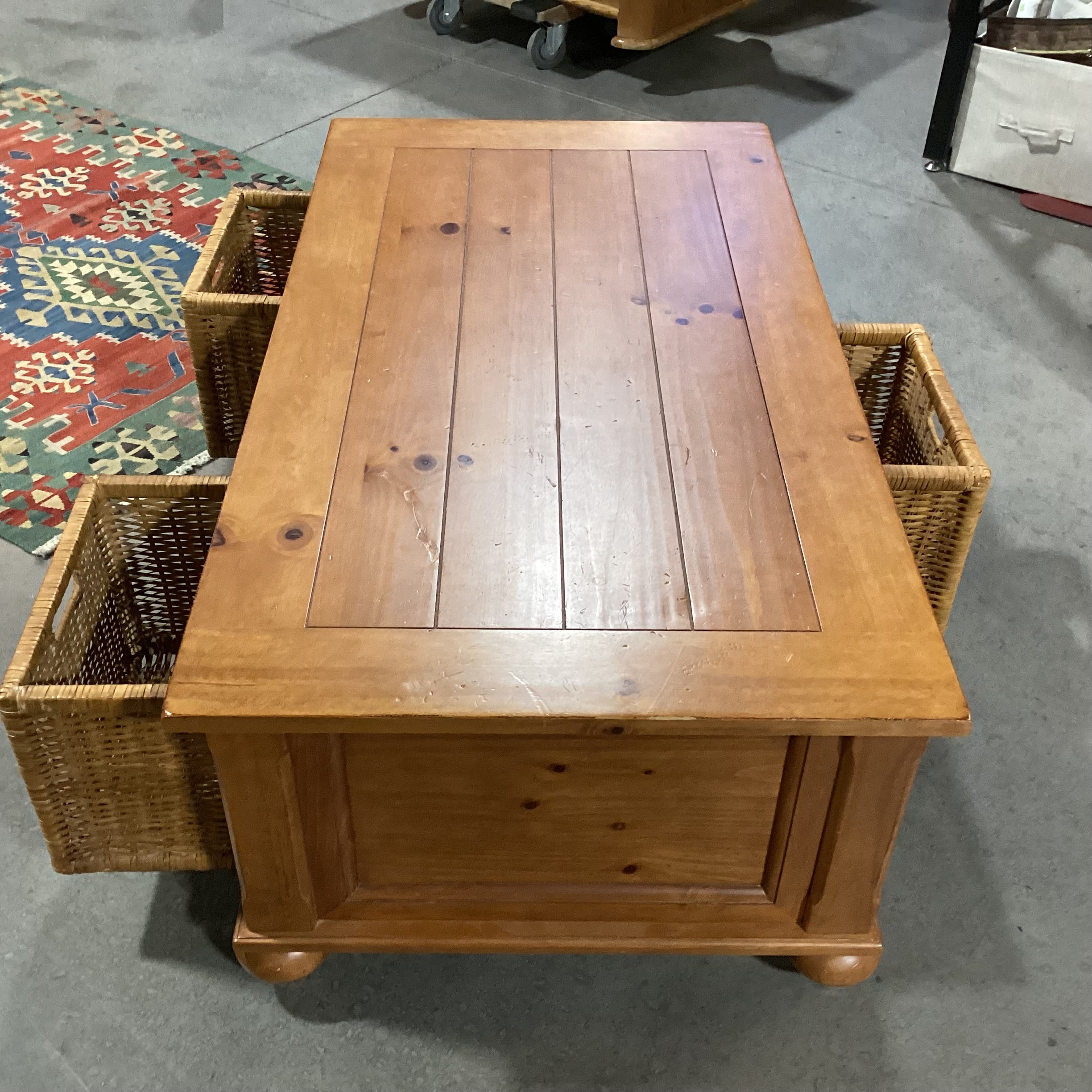 Finished Plank Wood & 3 Double Sided Basket Drawers Coffee Table 50"x 27"x 18.5"