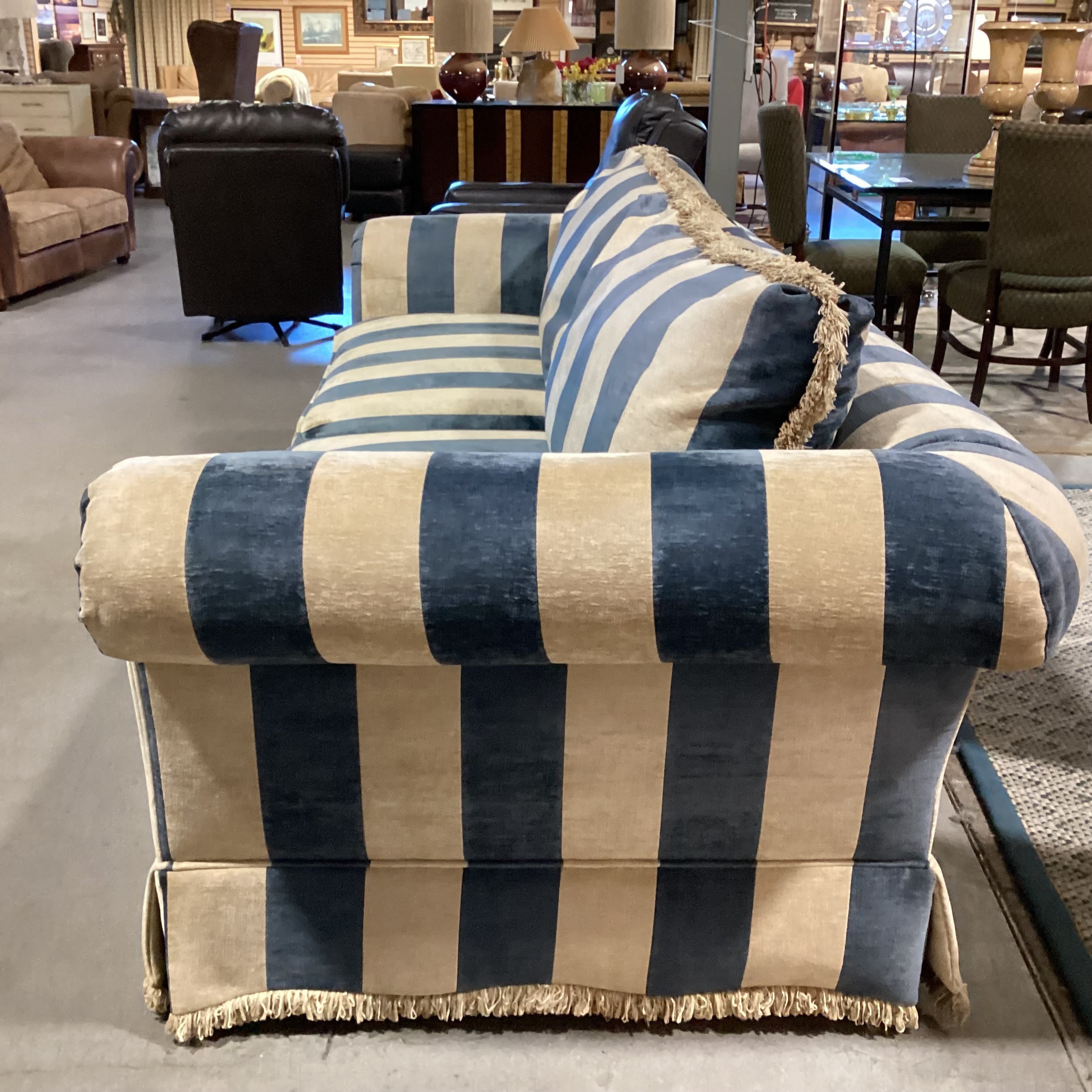 Custom Wedgewood Blue & Beige Velvet with Fringe Down Mix Sofa 96"x 44"x 30"
