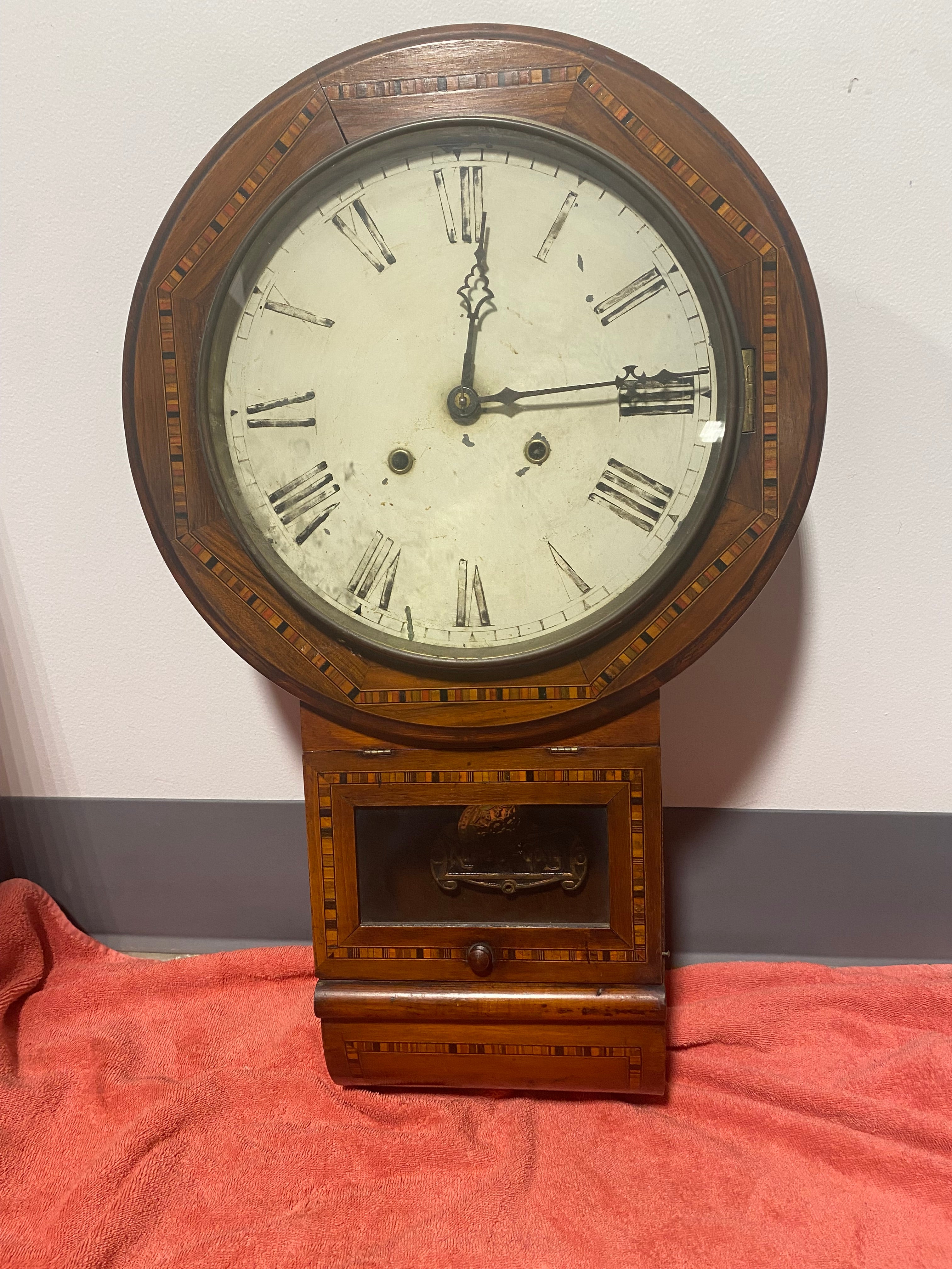 German Schlenker & Kienzle "Radium Gong" Drop Dial Inlay Banded Wall Clock with Key 17"x 28"x 5"