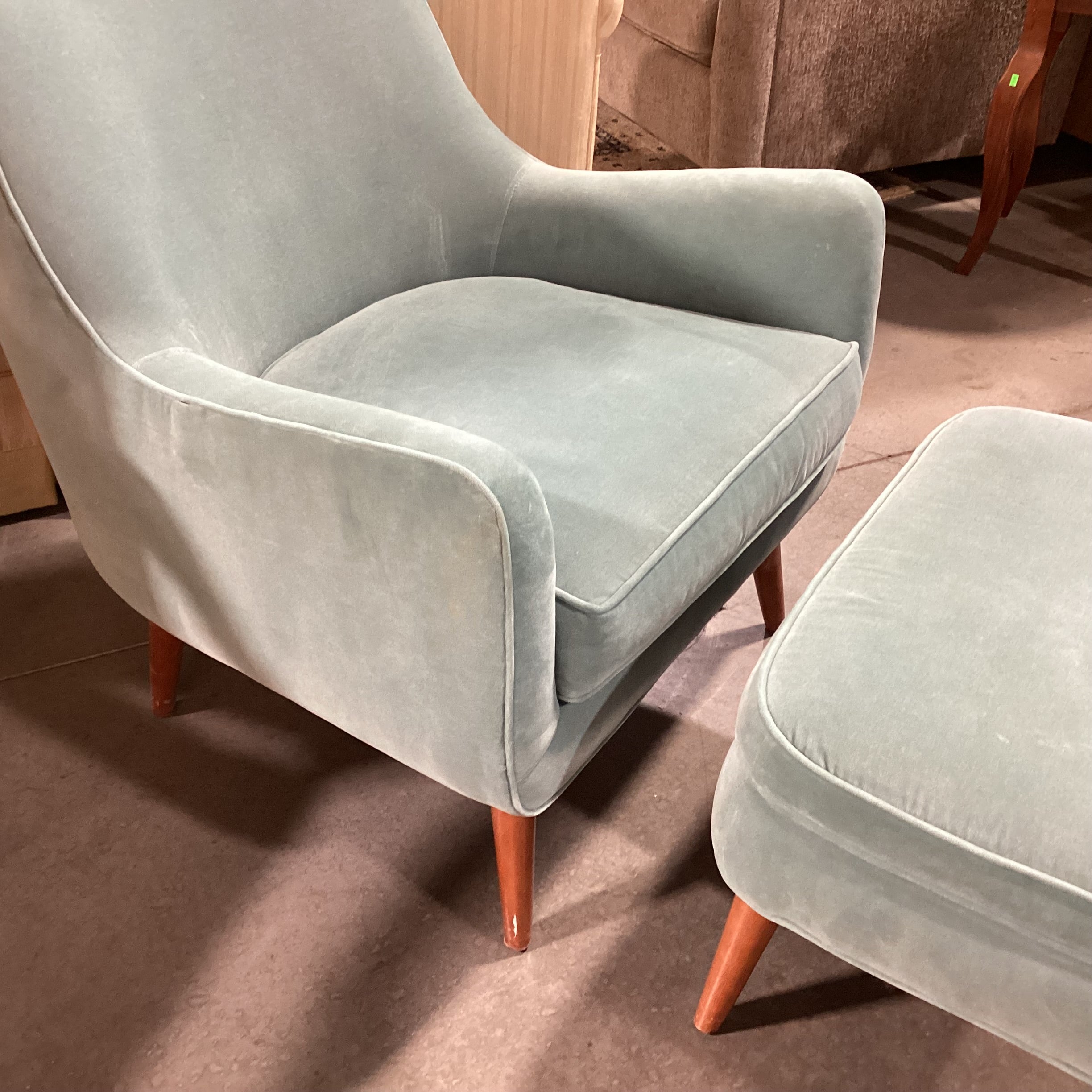 Room & Board Quinn Mid Century Style Seafoam Velvet with Ottoman Chair 30"x 34"x 34'