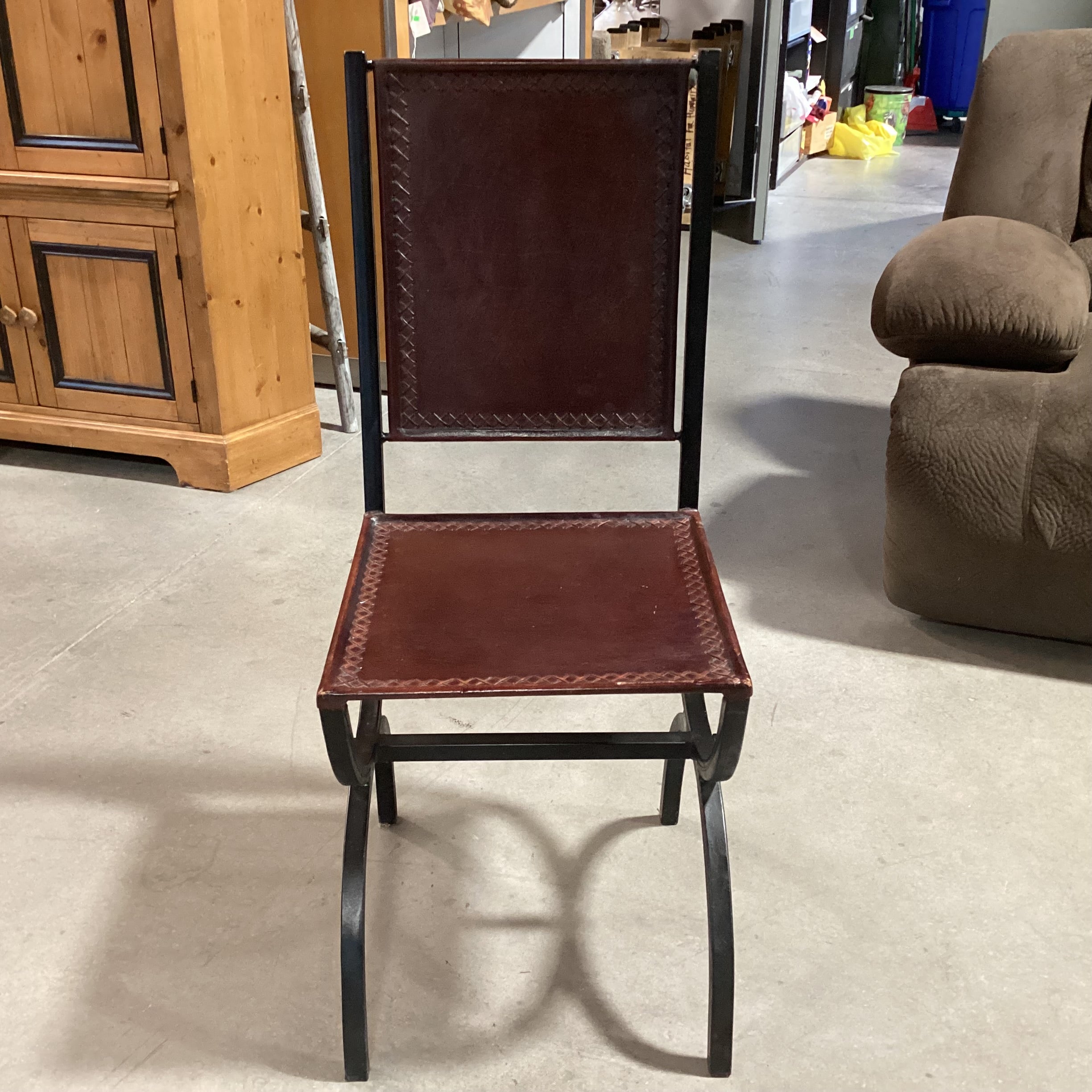 Black Iron & Leather with Cross Stitch Accent Chair 18"x 19"x 41"