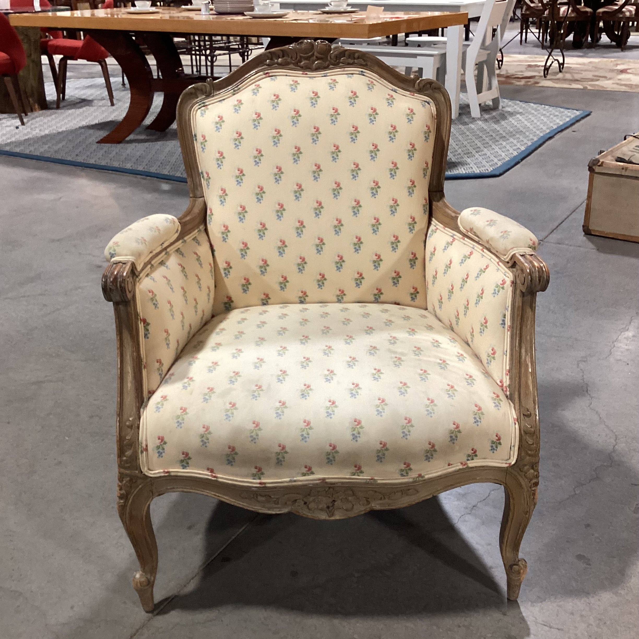French Provincial Style Carved Wood with Yellow Floral Chair 29"x 26"x 35'